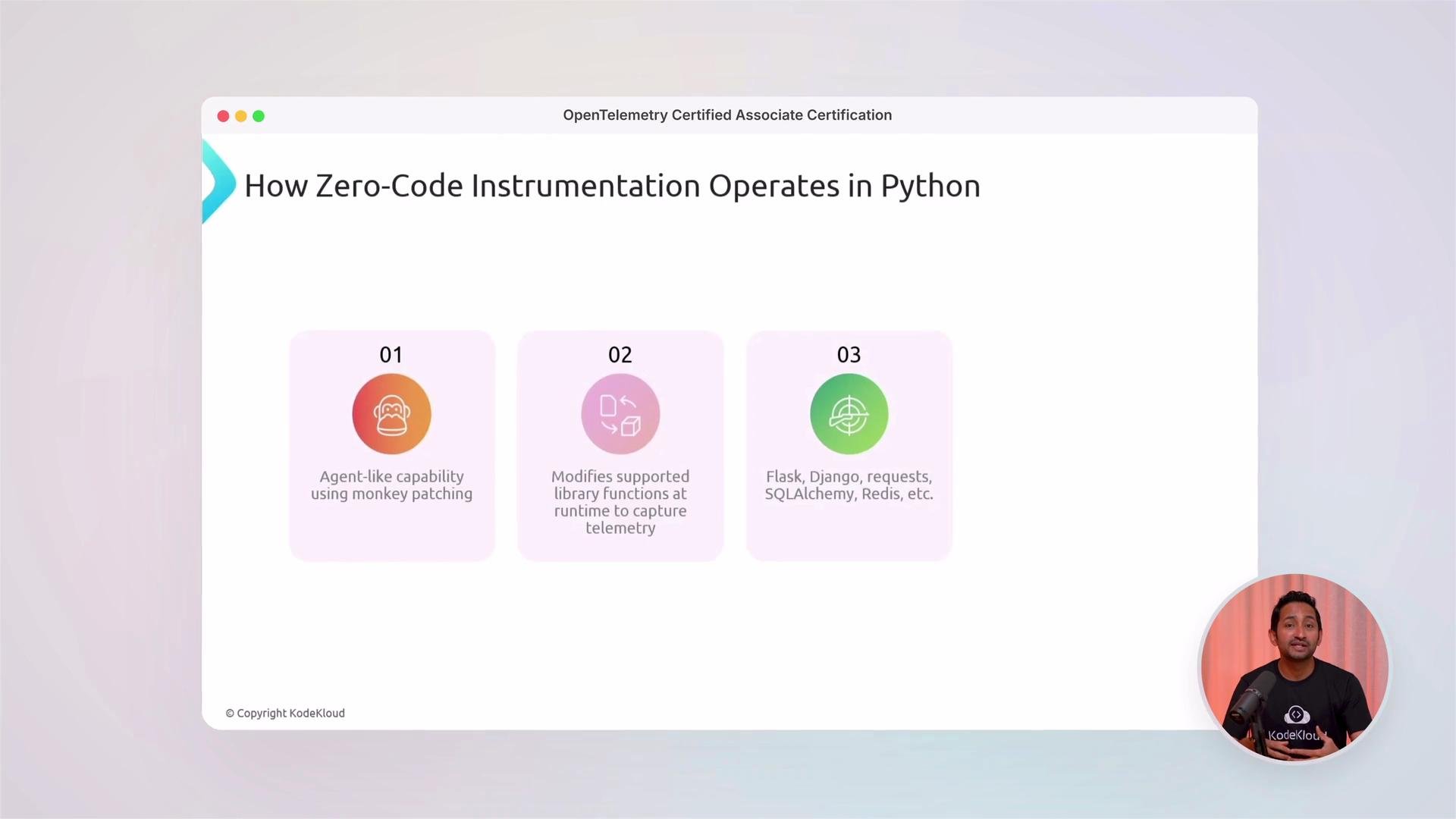 The image shows a slide about how zero-code instrumentation operates in Python, outlining steps like agent-like capability using monkey patching and modifying library functions. There is also a small video inset of a person presenting.