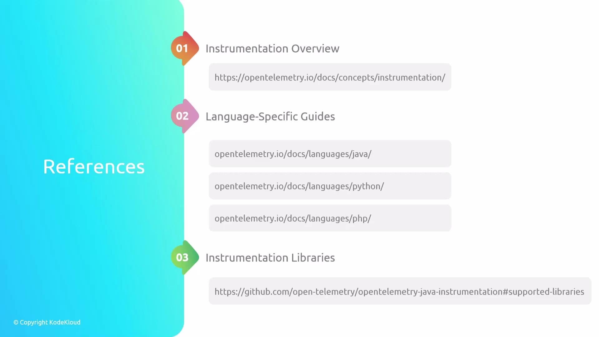 The image shows a list of references related to "Instrumentation Overview," "Language-Specific Guides," and "Instrumentation Libraries," with links to various OpenTelemetry resources.