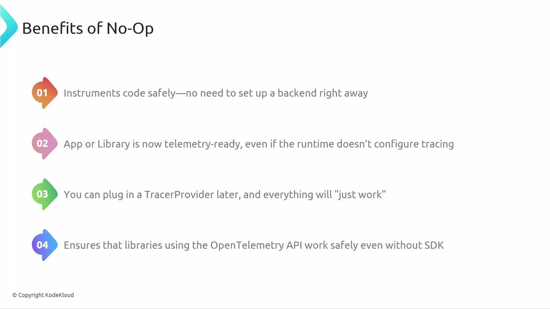 The image lists the benefits of No-Op in four points, highlighting code safety, telemetry readiness, TracerProvider compatibility, and secure API usage.