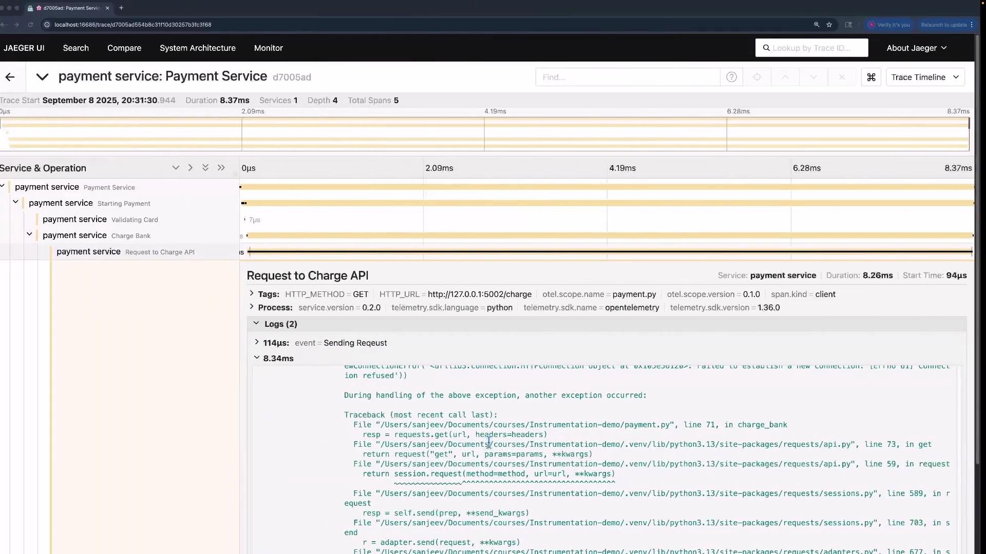 The image shows a Jaeger UI interface displaying the trace timeline of a payment service with multiple spans and logs, including a request to a charge API.