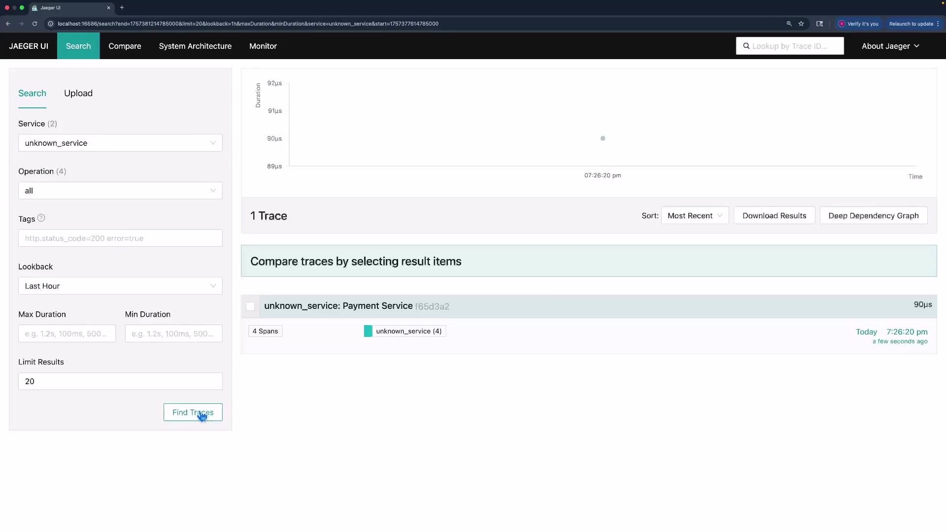 The image shows the Jaeger UI with search parameters for tracing a service labeled "unknown_service" and displaying one trace related to a payment service.
