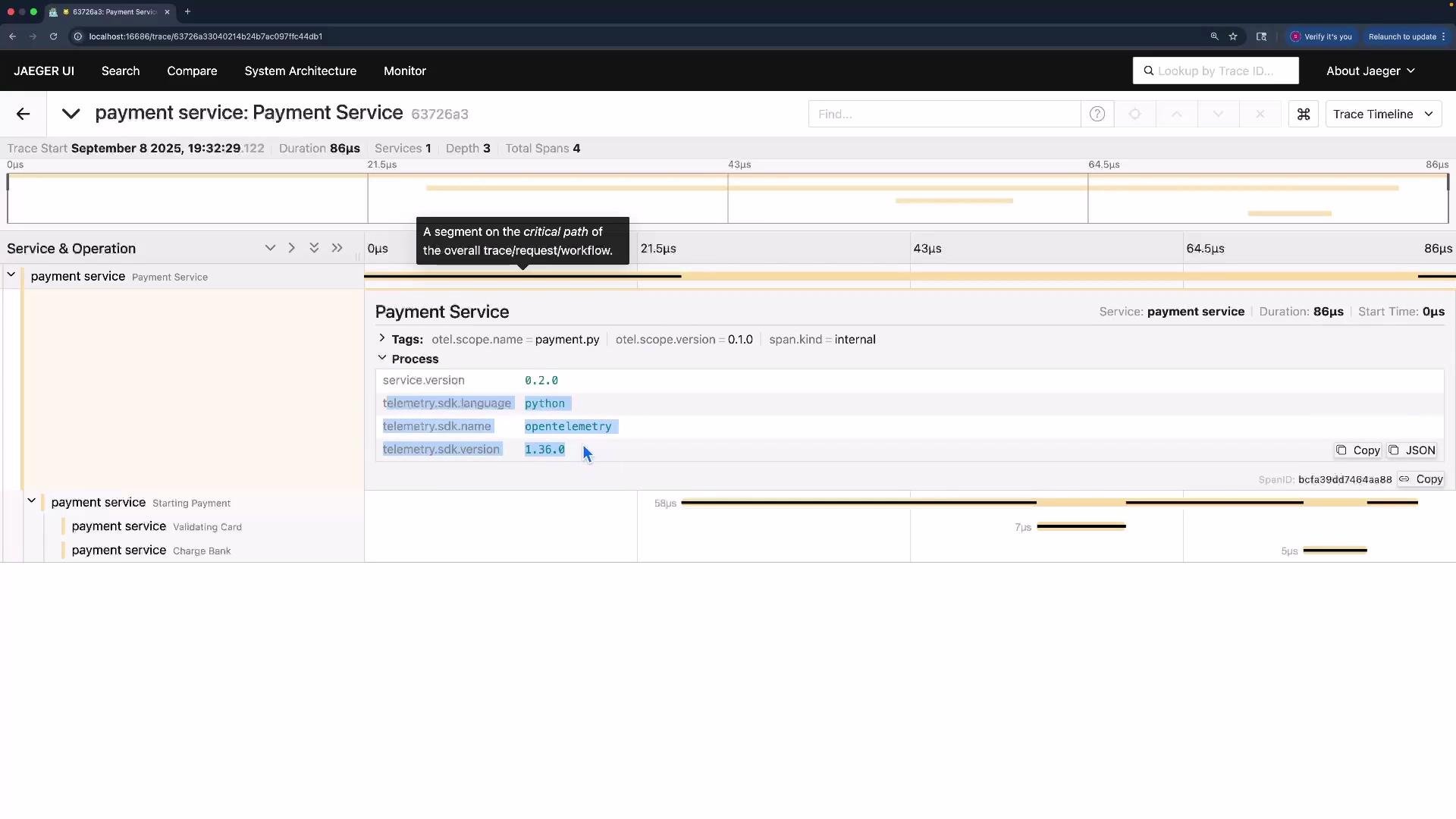 The image shows a Jaeger UI trace analysis for a "Payment Service," detailing spans related to a payment process with specific tags and process information.