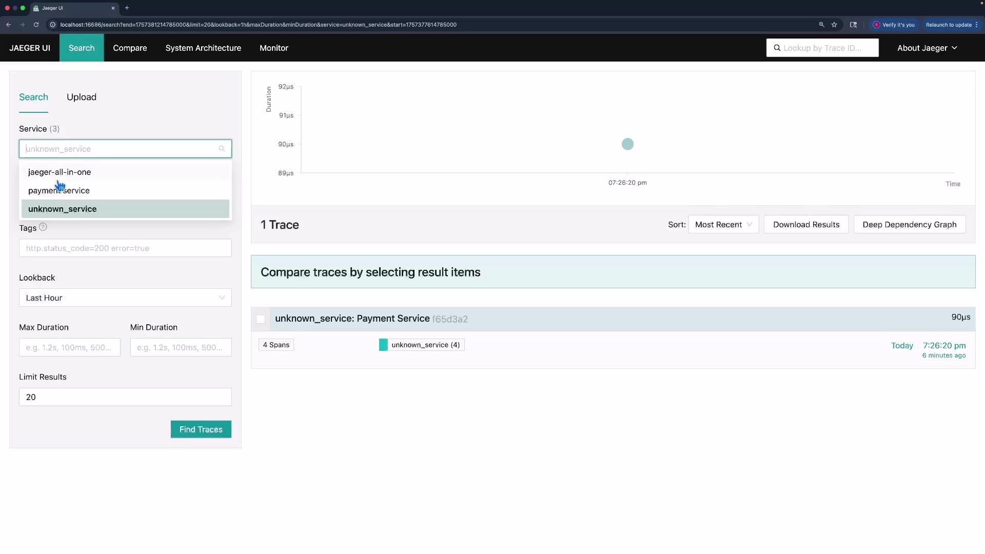 The image shows a screenshot of the Jaeger UI, displaying a search interface for tracing services with search results highlighting a trace for "unknown_service" related to a Payment Service.