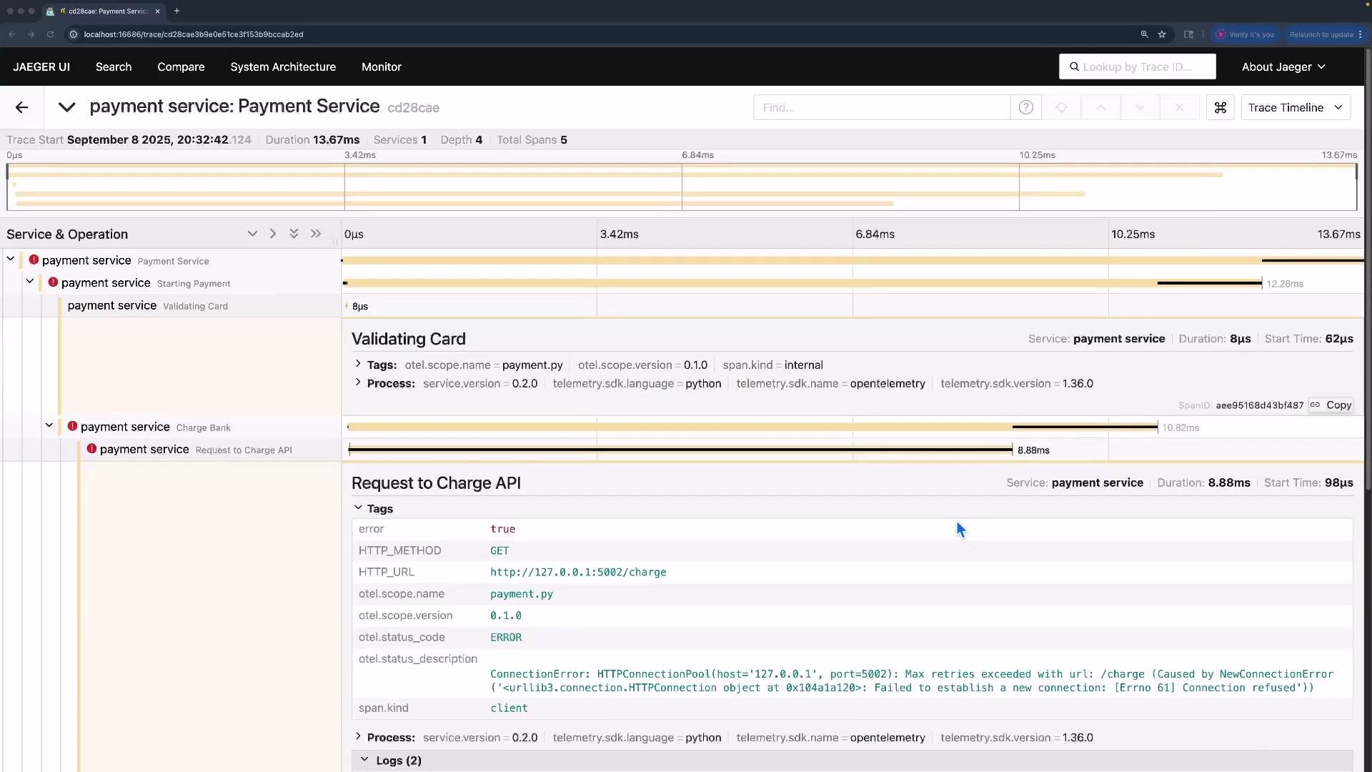 The image shows a trace timeline from the Jaeger UI, detailing operations of a payment service. It includes spans for validating a card and a failed request to the charge API with an error message related to a connection issue.