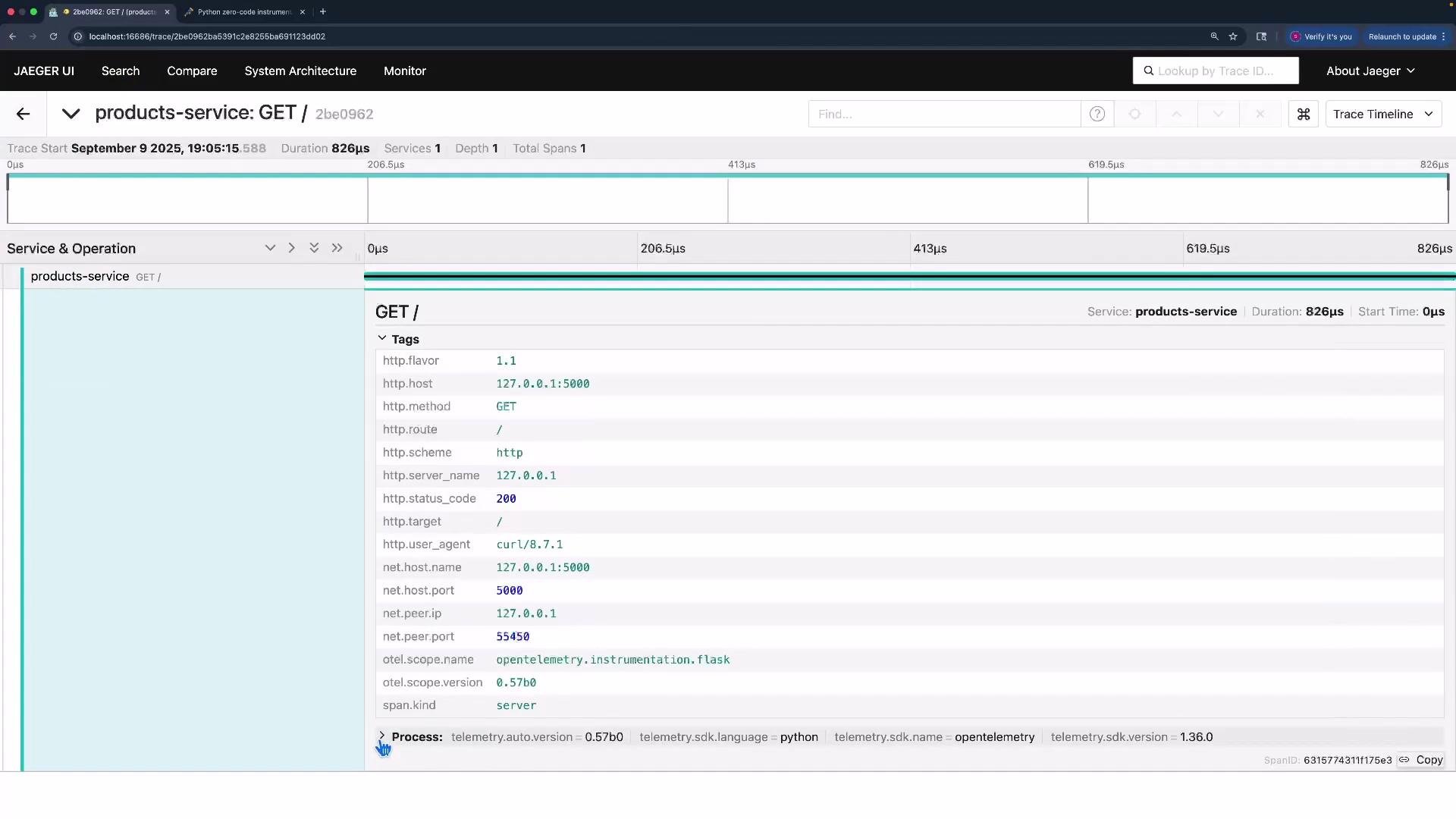 The image shows a Jaeger trace UI displaying a trace for the "products-service" with a GET request, including details like HTTP method, status code, and various tags related to the operation.
