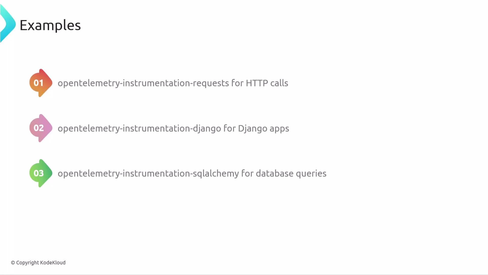 The image lists three OpenTelemetry instrumentation examples, each with a colorful numbered icon: requests for HTTP calls, Django for apps, and SQLAlchemy for database queries.