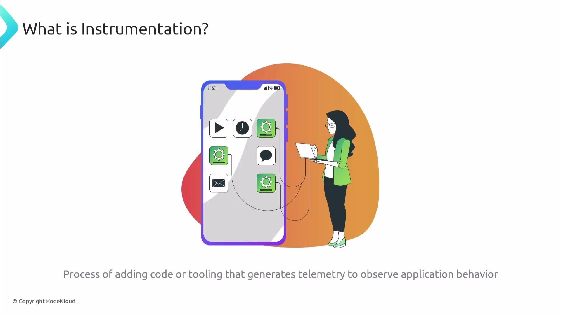 The image illustrates the concept of instrumentation, with a person holding a laptop next to a large smartphone displaying app icons. The text explains that instrumentation involves adding code or tools to generate telemetry for observing application behavior.