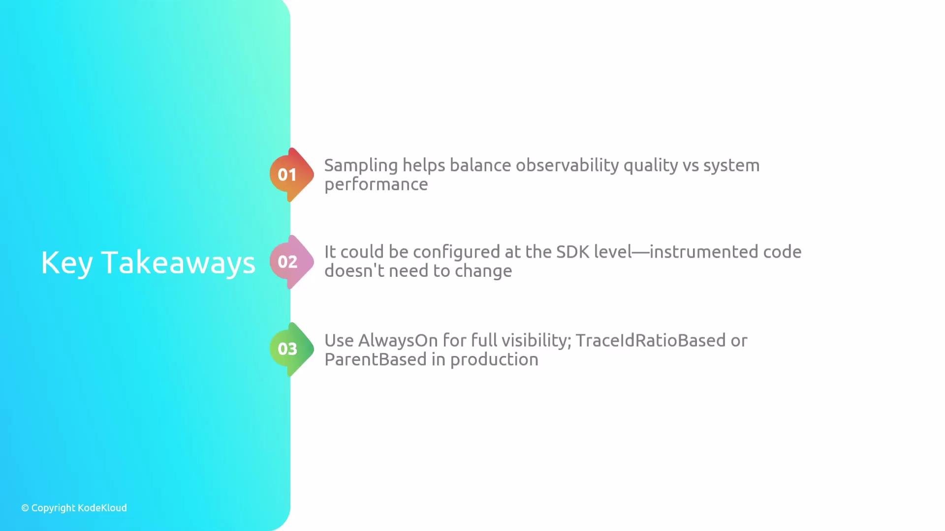 The image contains key takeaways in a colorful sidebar format, discussing observability, SDK configuration, and visibility in production.