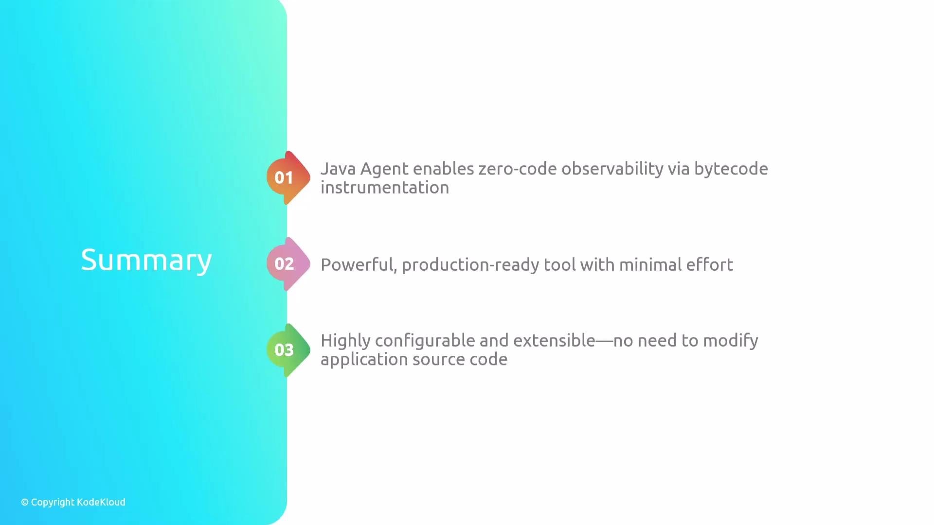 The image is a summary slide highlighting three features: Java Agent for zero-code observability, a powerful and ready-to-use tool, and its high configurability without needing source code modification.