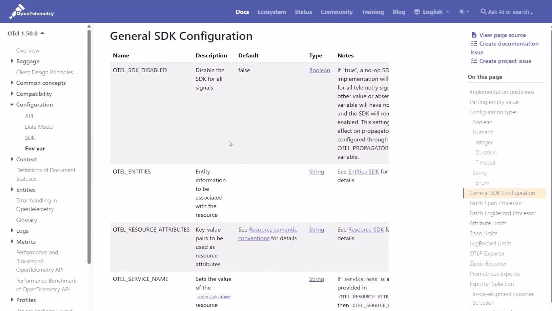 The image shows a documentation page for "General SDK Configuration" in OpenTelemetry, detailing configuration settings like OTEL_SDK_DISABLED and OTEL_ENTITIES with descriptions, default values, and notes. The page includes a navigation sidebar and various configuration details for developers.