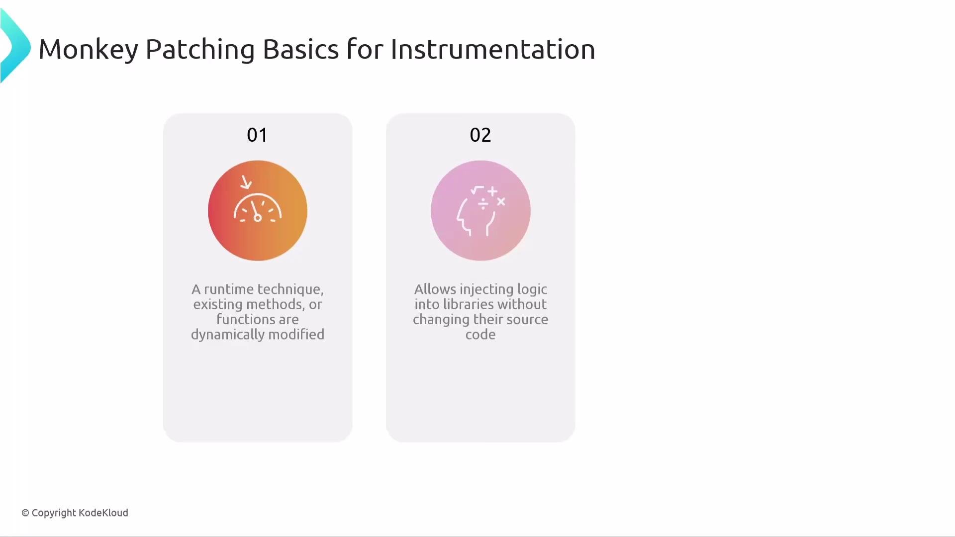 The image explains monkey patching basics for instrumentation, highlighting two points: modifying existing methods at runtime and injecting logic into libraries without altering their source code.