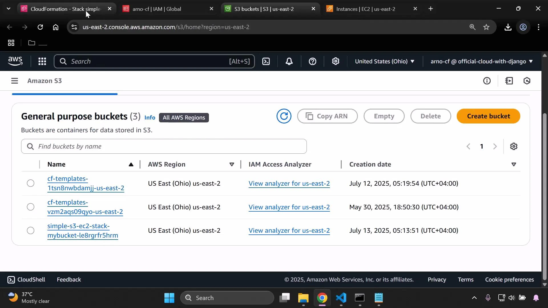 A screenshot of the Amazon S3 console showing a "General purpose buckets" list with three buckets in the US East (Ohio) region, their names and creation dates. The page also shows IAM Access Analyzer links and a prominent "Create bucket" button.
