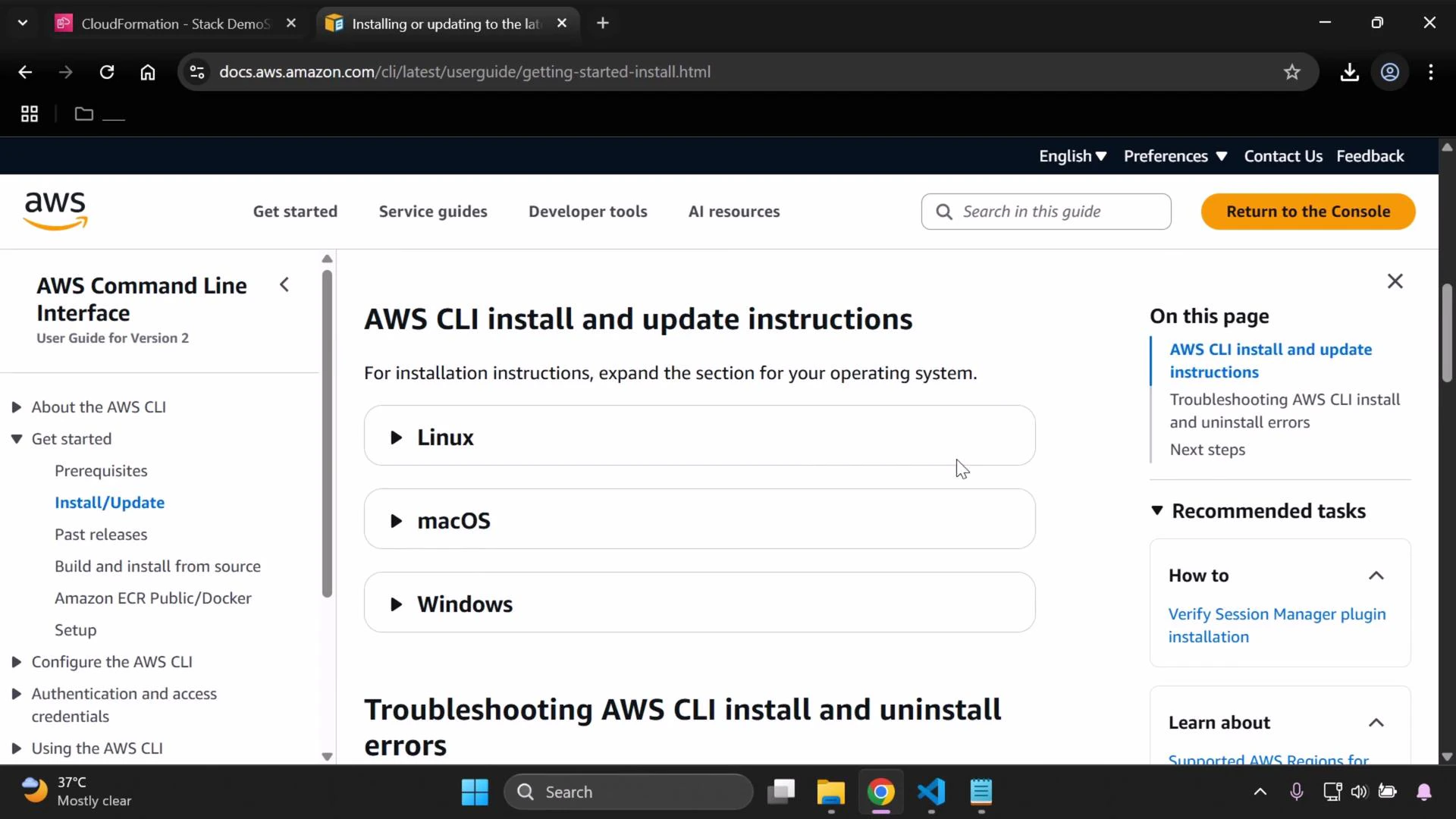 A screenshot of the AWS documentation page titled "AWS CLI install and update instructions," showing expandable sections for Linux, macOS, and Windows. The browser window (with tabs) and a Windows taskbar are visible at the bottom.