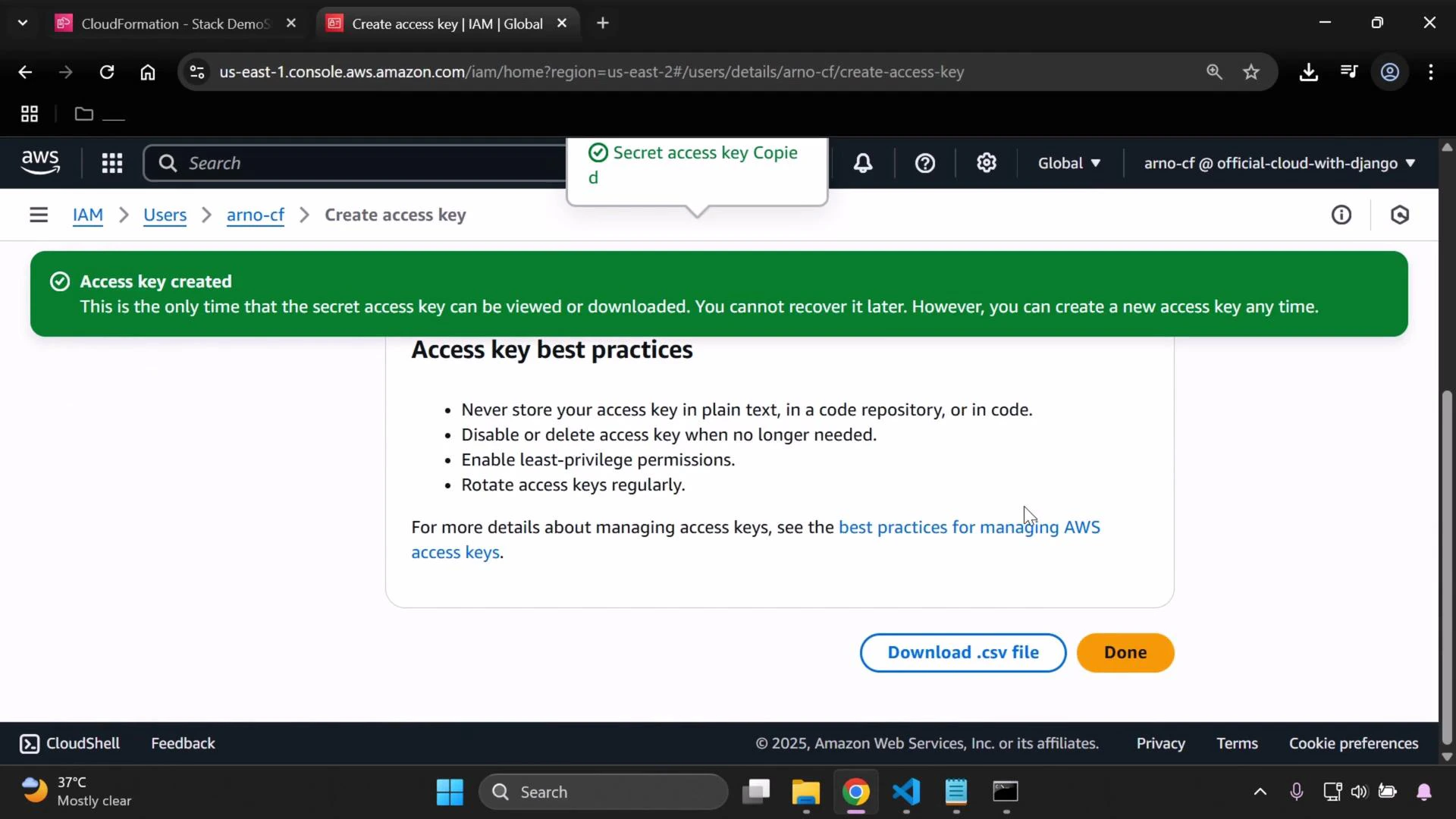 A browser screenshot of the AWS IAM console showing a green "Access key created" confirmation banner and a panel titled "Access key best practices" with tips and buttons to download a .csv file or finish. The page also shows the IAM breadcrumb for user "arno-cf" and a small tooltip saying "Secret access key Copied."
