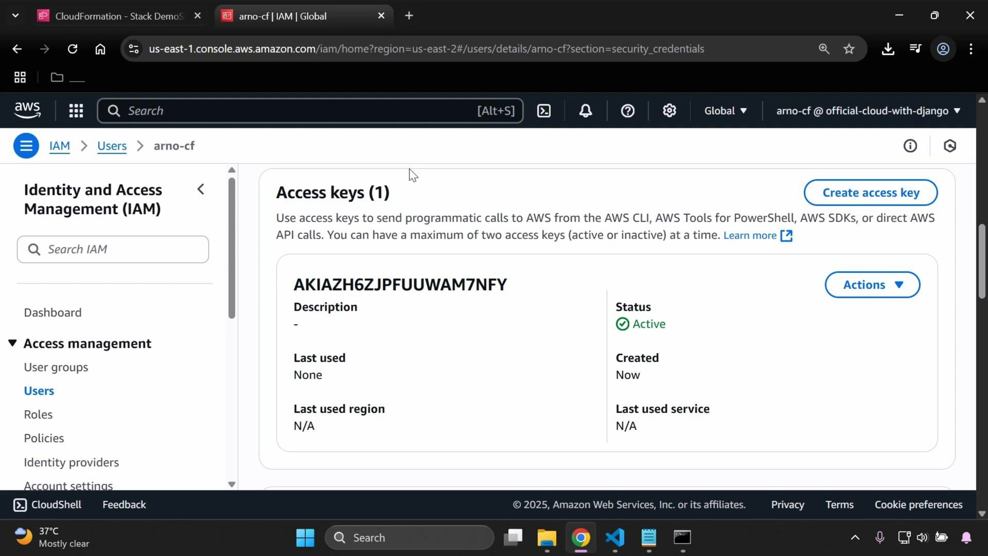A screenshot of the AWS Identity and Access Management (IAM) console showing a user's "Access keys" page with one active access key listed and the IAM navigation pane on the left.