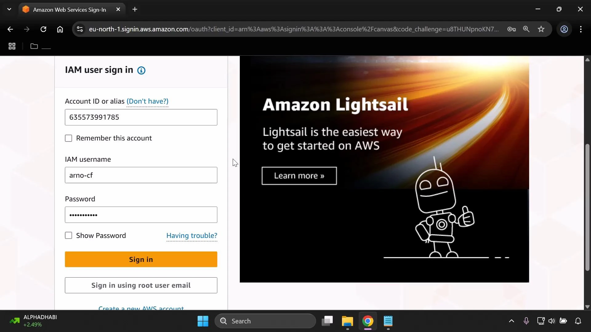A browser screenshot of the AWS IAM user sign-in page showing fields for account ID, IAM username (filled), a masked password, and a "Sign in" button. To the right is an Amazon Lightsail promotional banner with streaking light graphics and a simple robot illustration.