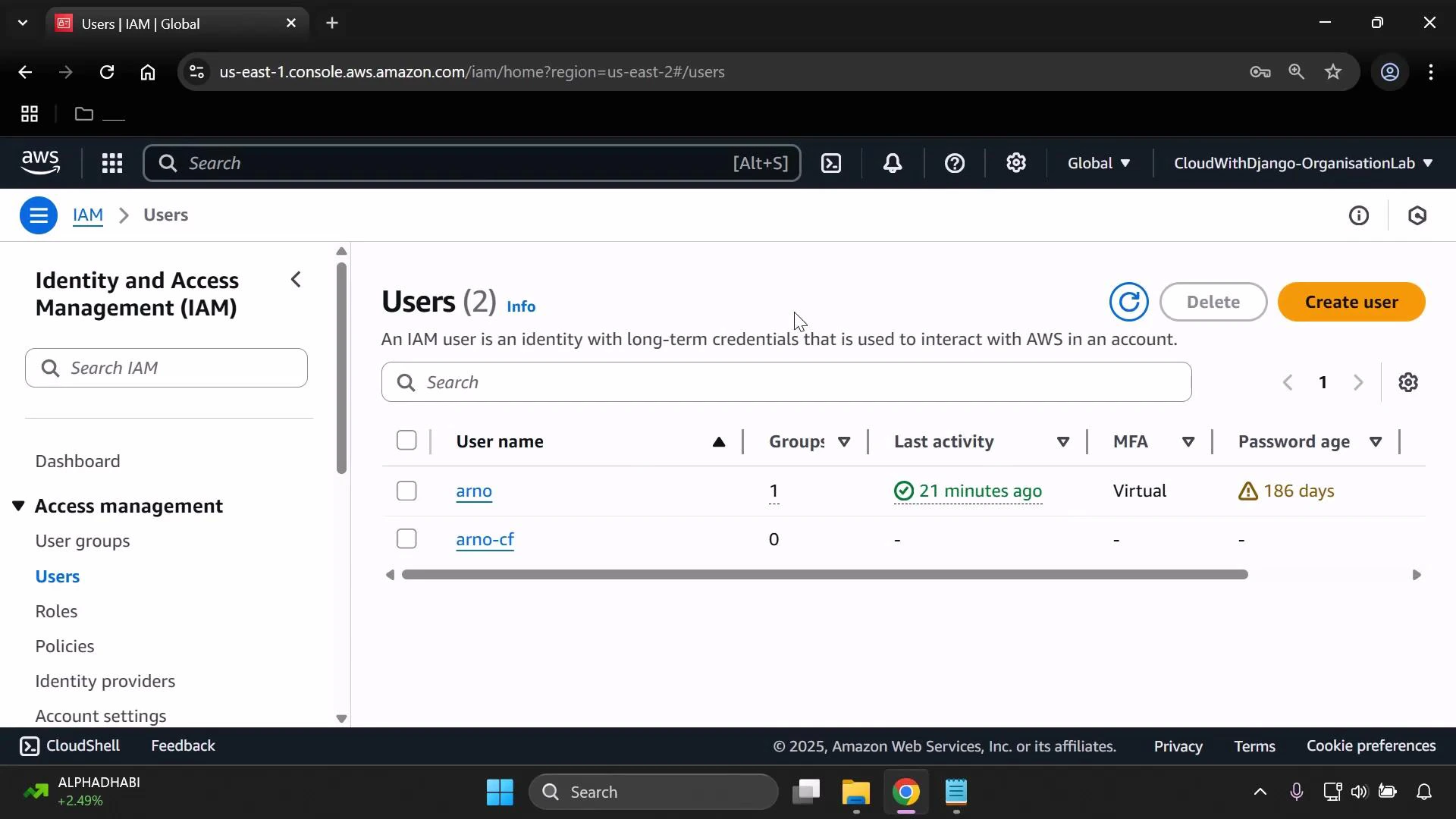 A screenshot of the AWS Identity and Access Management (IAM) Users page listing two users (arno and arno-cf) with columns for groups, last activity, MFA, and password age. The page header shows Create user and Delete buttons.