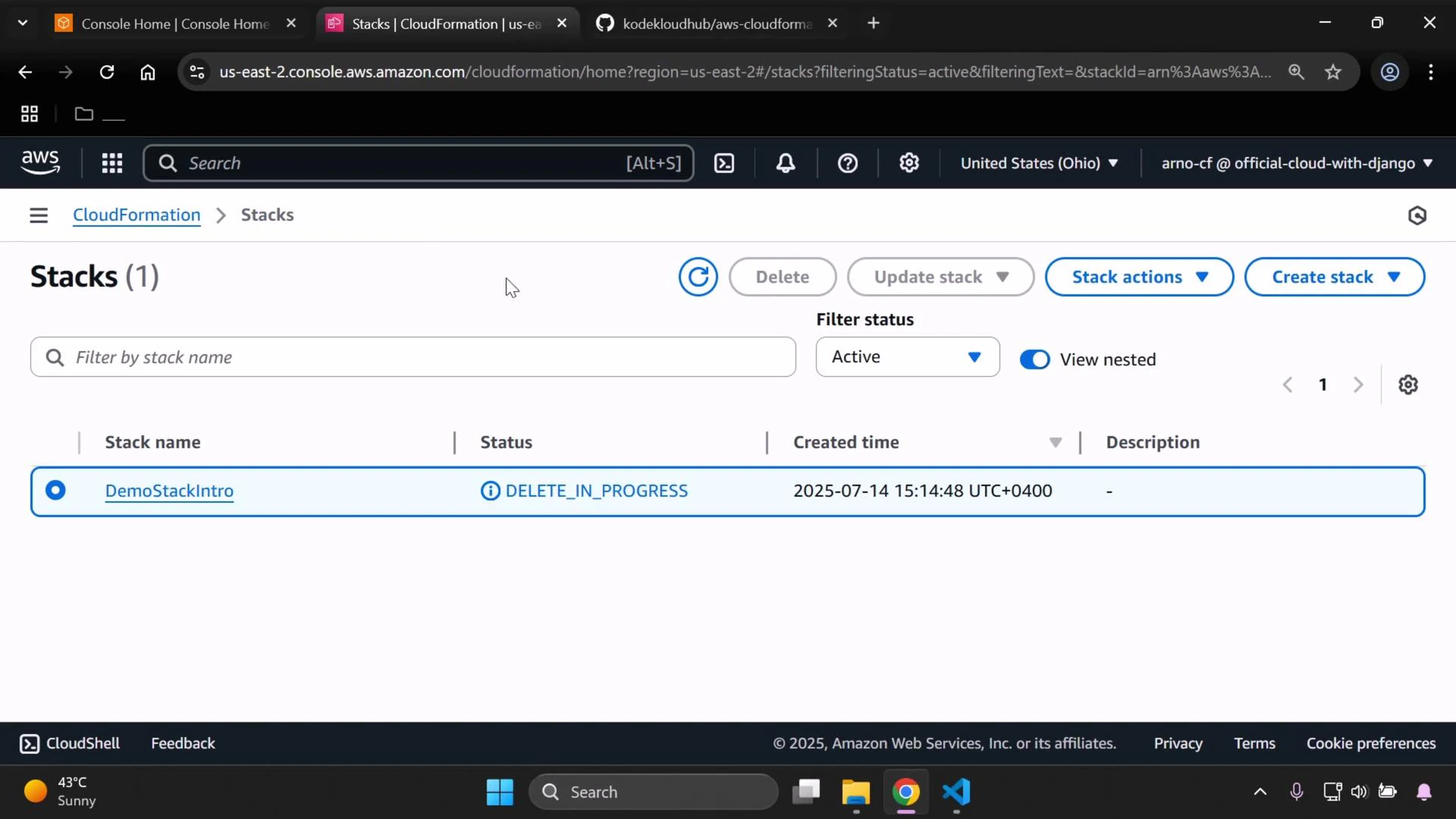 Screenshot of the AWS CloudFormation console showing one stack named "DemoStackIntro" with status "DELETE_IN_PROGRESS" and its creation timestamp. The page displays filter/search controls and stack action buttons at the top.