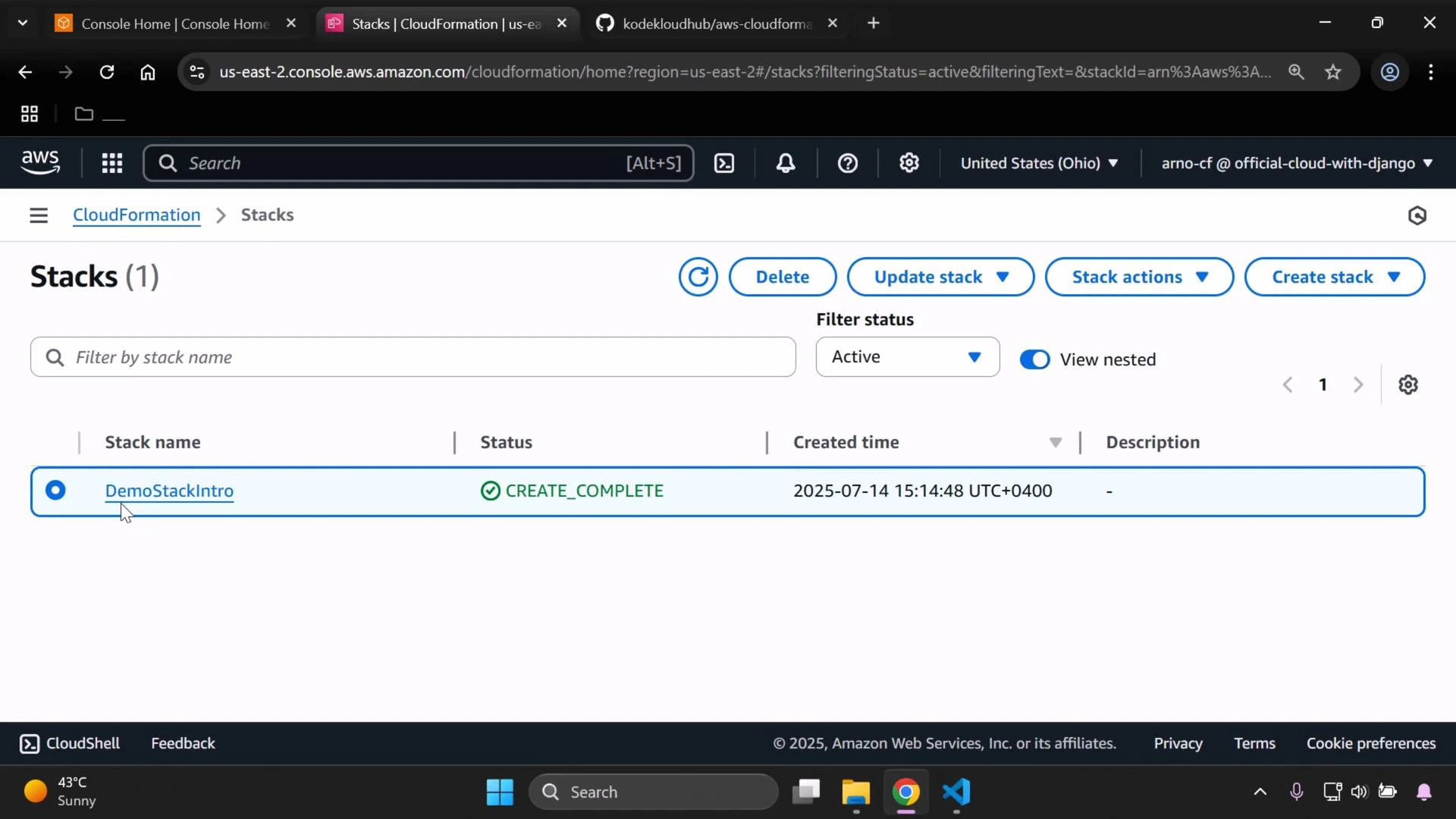 A screenshot of the AWS CloudFormation "Stacks" console showing one stack named "DemoStackIntro." The stack status is "CREATE_COMPLETE" with a displayed creation timestamp.