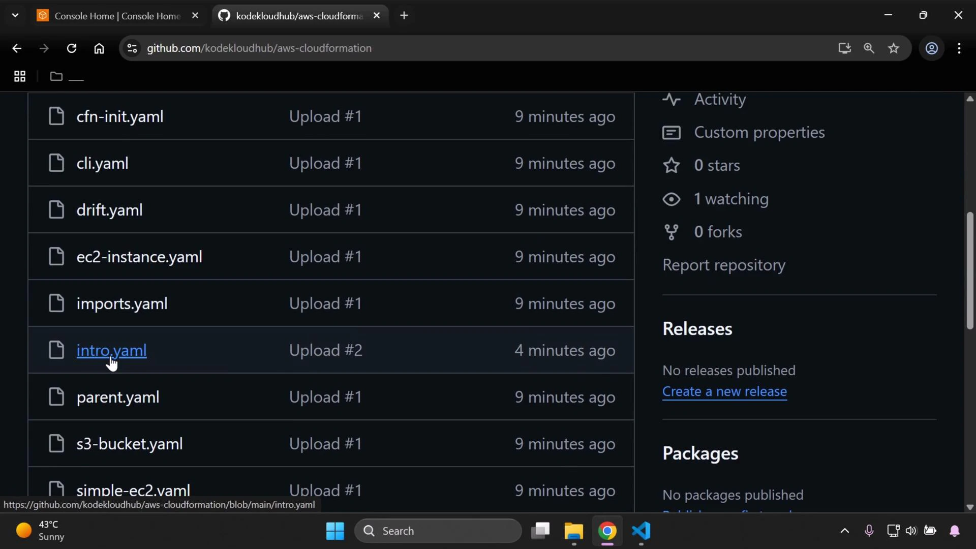 Screenshot of a GitHub repository file list showing several YAML files (including cfn-init.yaml, ec2-instance.yaml and a highlighted intro.yaml) with the right sidebar showing repo stats and a "Releases" section. The Windows taskbar is visible at the bottom with system icons and a 43°C sunny weather indicator.