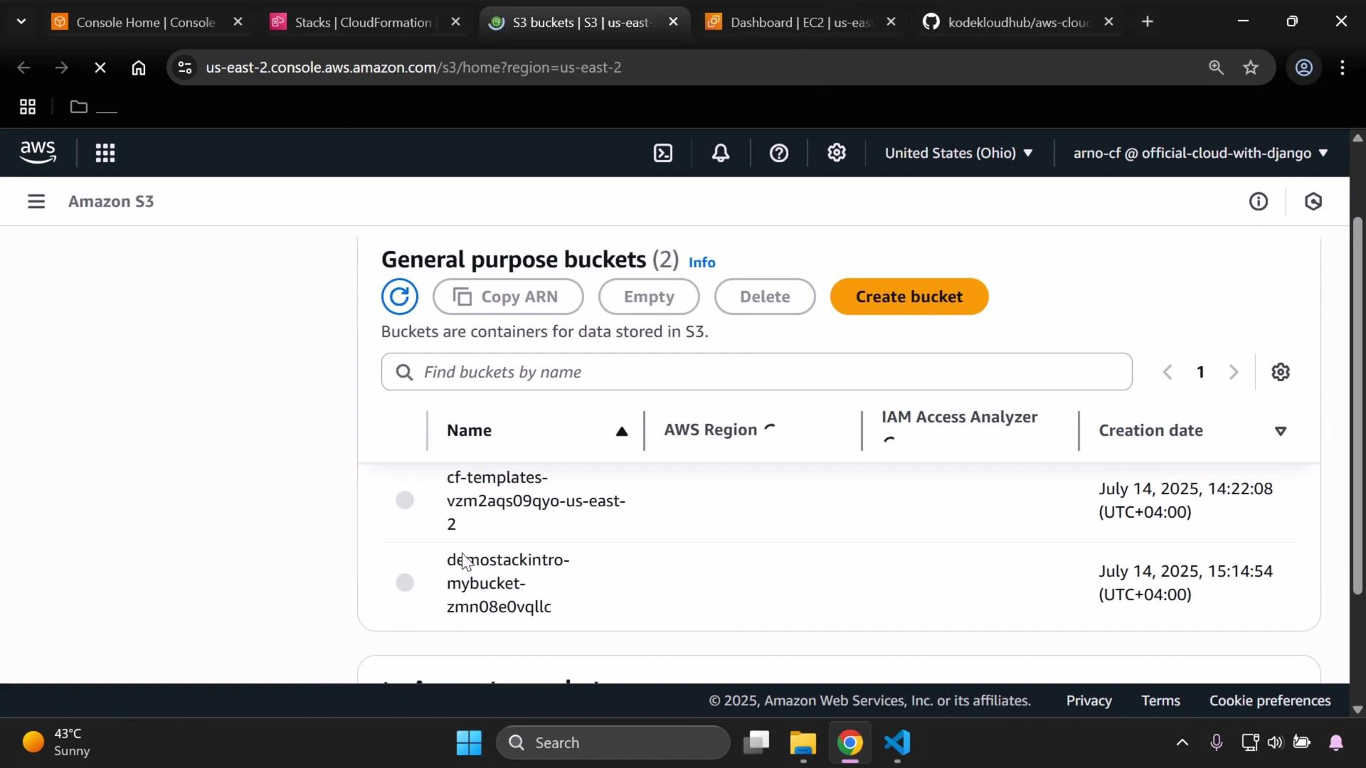 A screenshot of the Amazon S3 web console showing a "General purpose buckets" list with two S3 buckets, their names and creation dates. The page also displays controls like Create bucket, Copy ARN, Empty, and Delete.