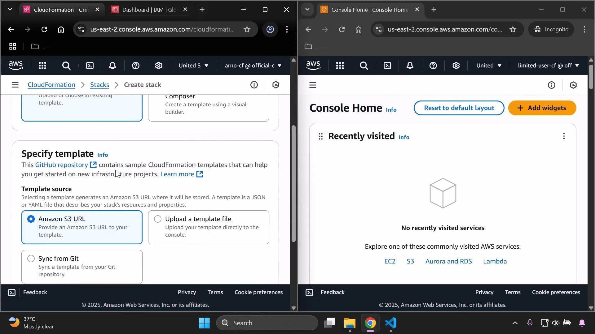 A split-screen screenshot of the AWS Management Console: the left shows the CloudFormation "Create stack" template selection panel, and the right shows the Console Home page with "No recently visited services."