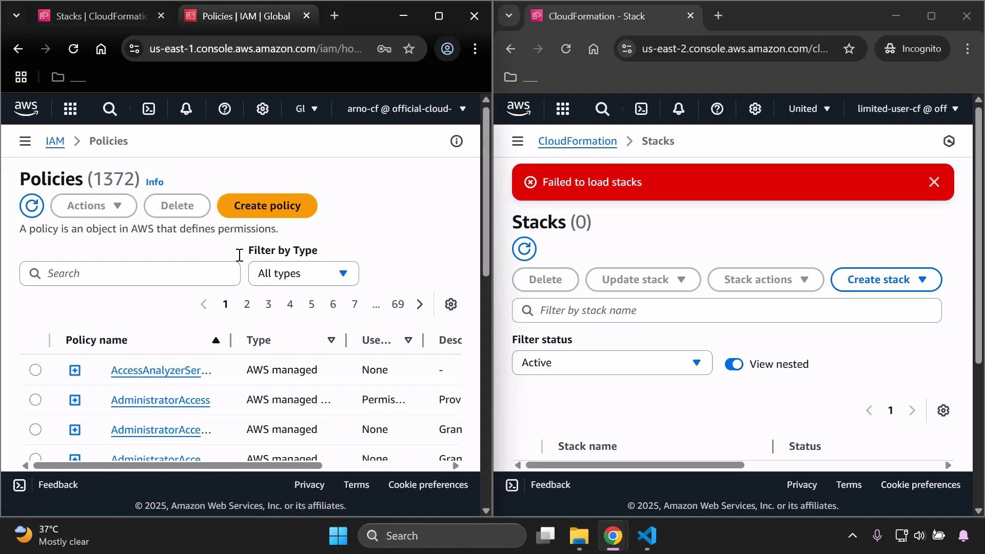 A split-screen screenshot of the AWS Management Console: the left side shows the IAM Policies page listing policies, and the right side shows the CloudFormation Stacks page with a red "Failed to load stacks" error banner.