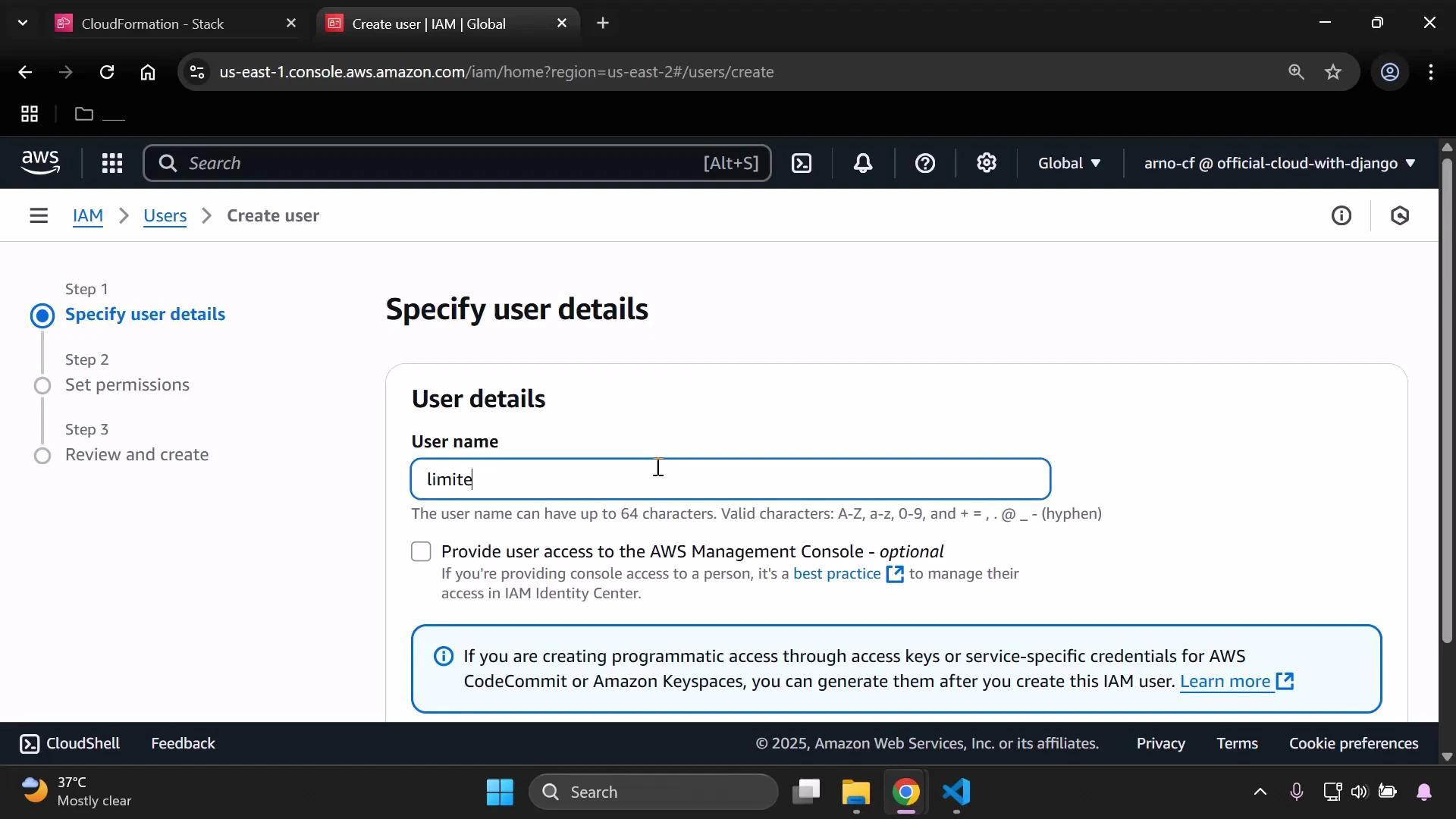 A screenshot of the AWS IAM "Create user" console showing the "Specify user details" step. The "User name" field is active with "limite" entered and options for console or programmatic access are visible.