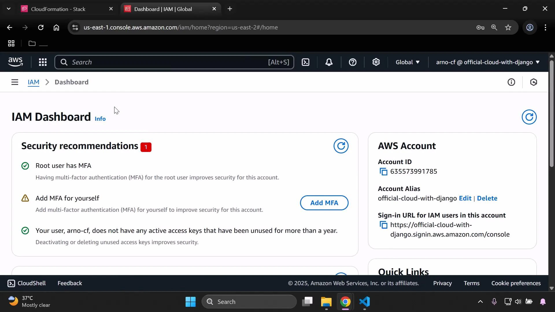 A screenshot of the AWS IAM Dashboard showing security recommendations (MFA status and prompts) on the left and AWS account details (account ID, account alias, and sign-in URL) on the right.