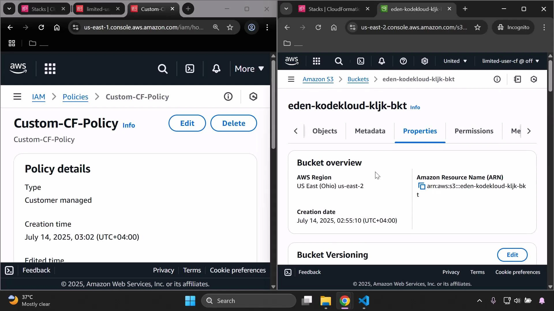 A split-screen screenshot of the AWS Management Console: the left side shows an IAM policy page titled "Custom-CF-Policy" with policy details, and the right side shows an Amazon S3 bucket properties page for "eden-kodekloud-kljk-bkt" with its bucket overview and ARN.