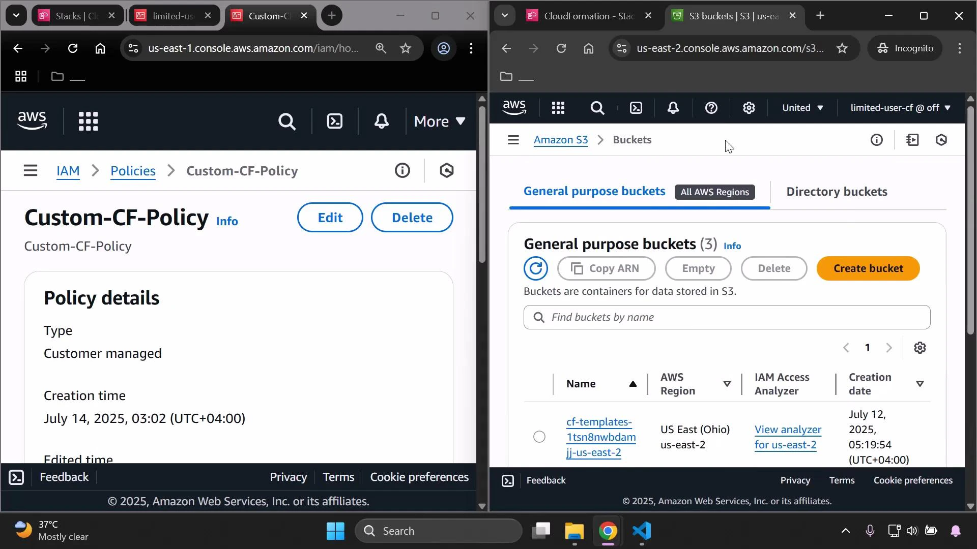 Screenshot of two side-by-side AWS Console pages: the left pane shows IAM policy details for "Custom-CF-Policy" and the right pane shows the Amazon S3 "General purpose buckets" listing with a bucket entry. A browser window frame and the Windows taskbar are visible at the bottom.