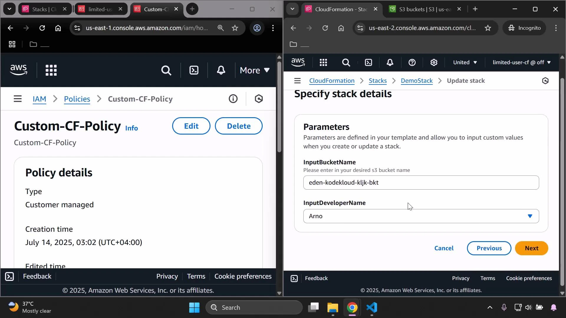 A split-screen screenshot of two AWS Console pages: the left shows an IAM customer-managed policy named "Custom-CF-Policy" with policy details, and the right shows a CloudFormation "Specify stack details" form with parameters like InputBucketName ("eden-kodekloud-kljk-bkt") and InputDeveloperName ("Arno").
