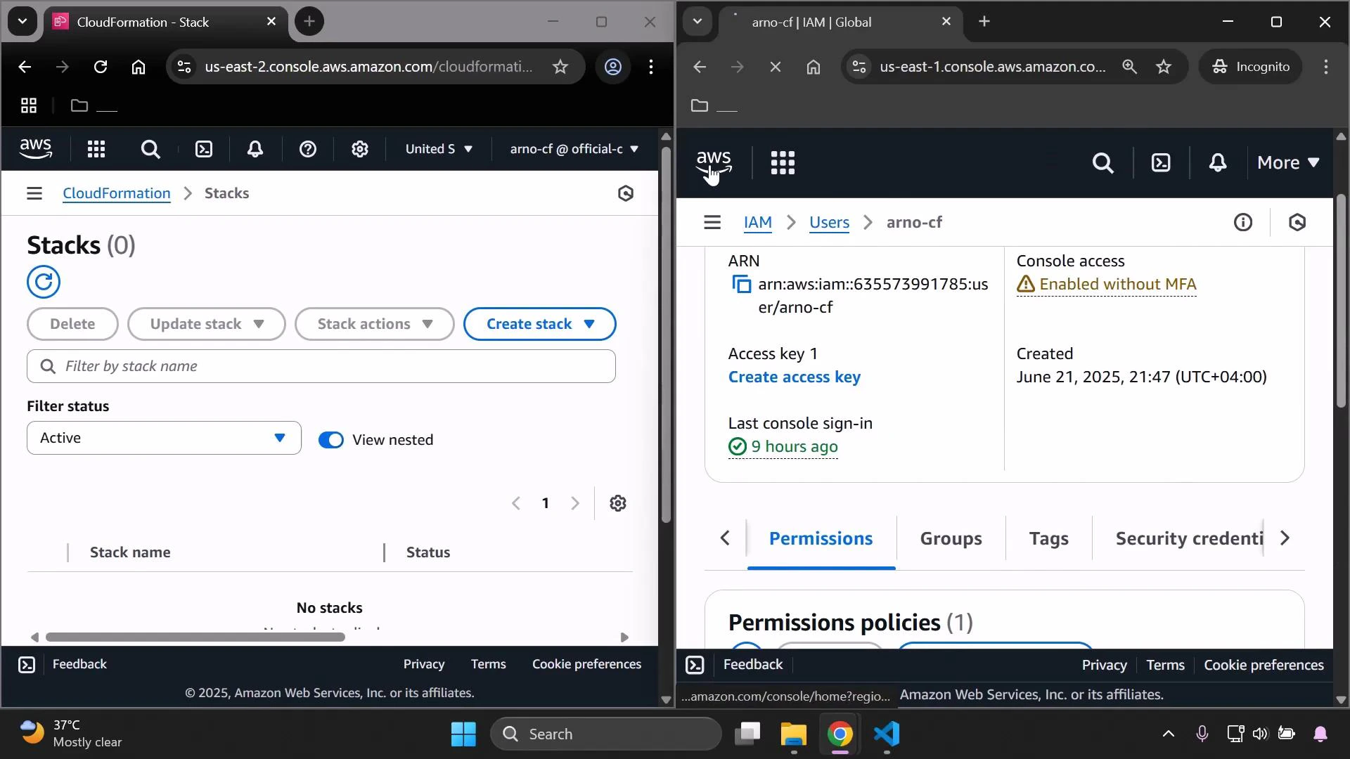 A screenshot of a Windows desktop with two browser windows open to the AWS Management Console. The left pane shows CloudFormation Stacks (no stacks), and the right pane shows an IAM user page for "arno-cf" with console access enabled (without MFA) and account details.