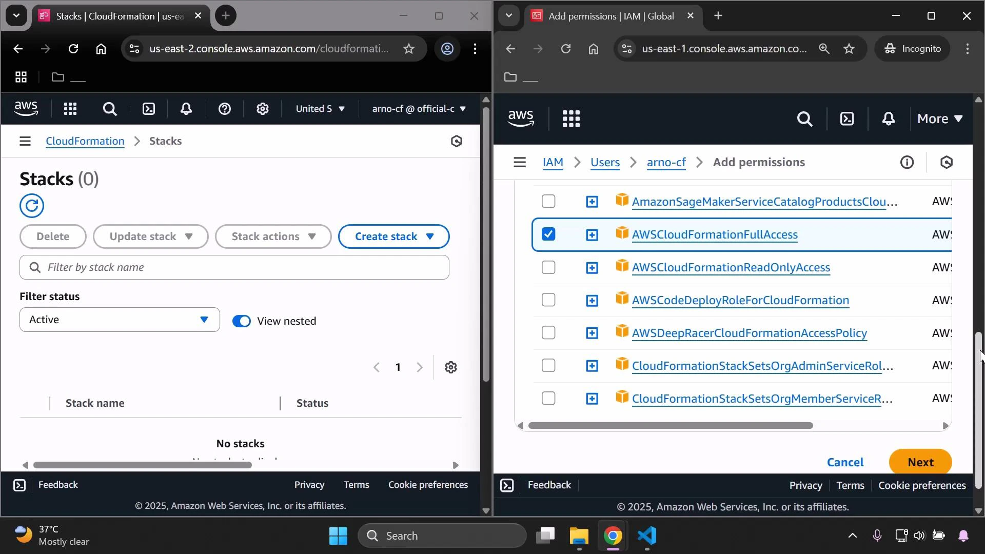 A screenshot of two side-by-side AWS Console pages: the left shows the CloudFormation "Stacks" page with no stacks, and the right shows an IAM "Add permissions" dialog listing policies with "AWSCloudFormationFullAccess" selected. The Windows taskbar is visible at the bottom.
