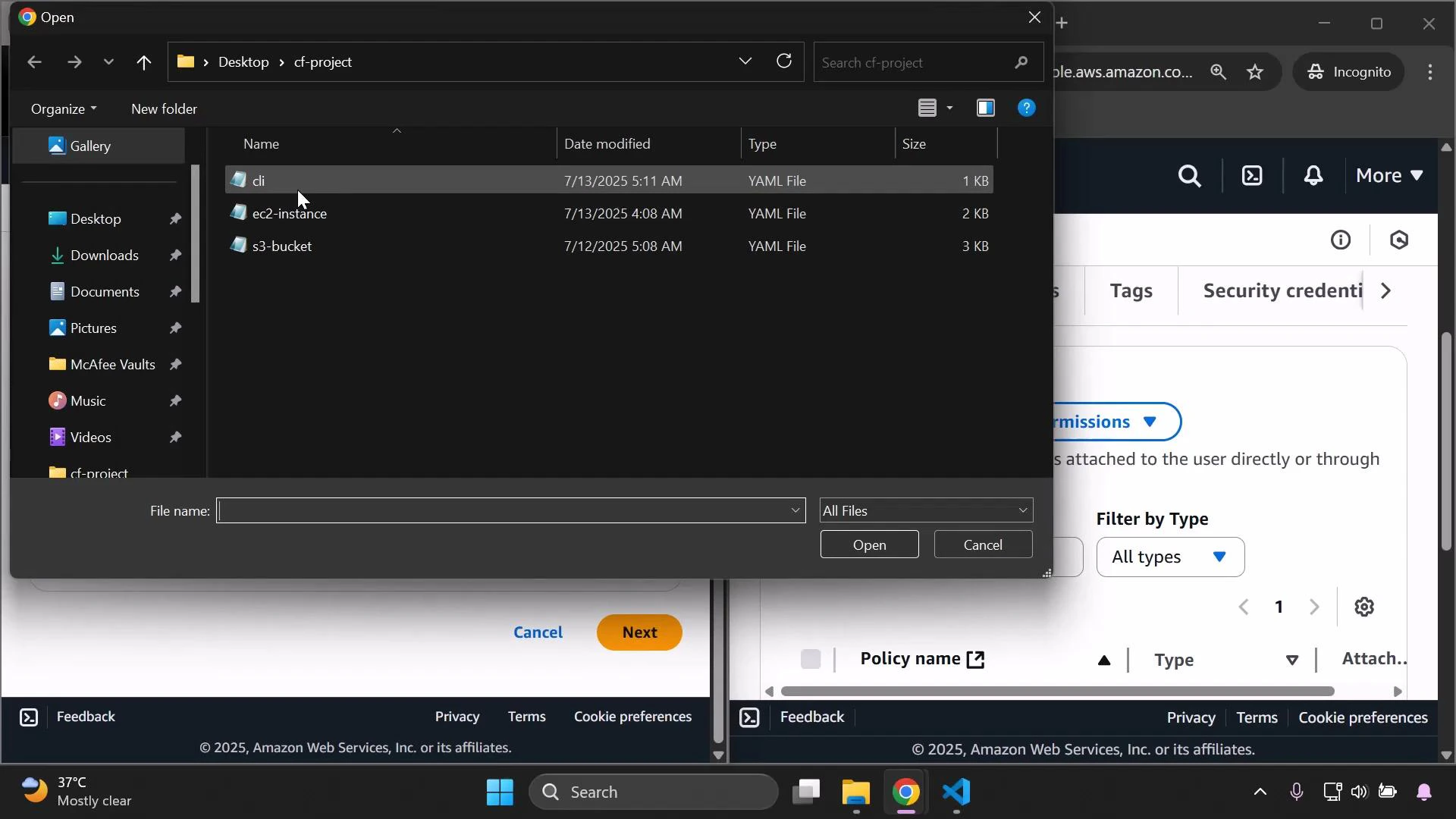 A dark-themed Windows file-open dialog is shown listing three YAML files (cli, ec2-instance, s3-bucket) inside a "cf-project" folder. Behind it, a browser window with the AWS console is partially visible.