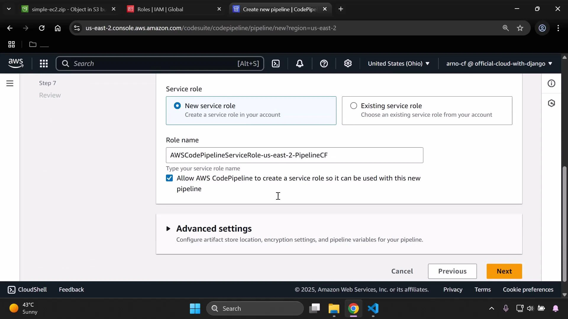 A screenshot of the AWS CodePipeline "Create new pipeline" page showing the Service role section with "New service role" selected and a role name filled in (AWSCodePipelineServiceRole-us-east-2-PipelineCF). The page also displays an option to let CodePipeline create the role, an "Advanced settings" panel, and navigation buttons (Previous, Next).