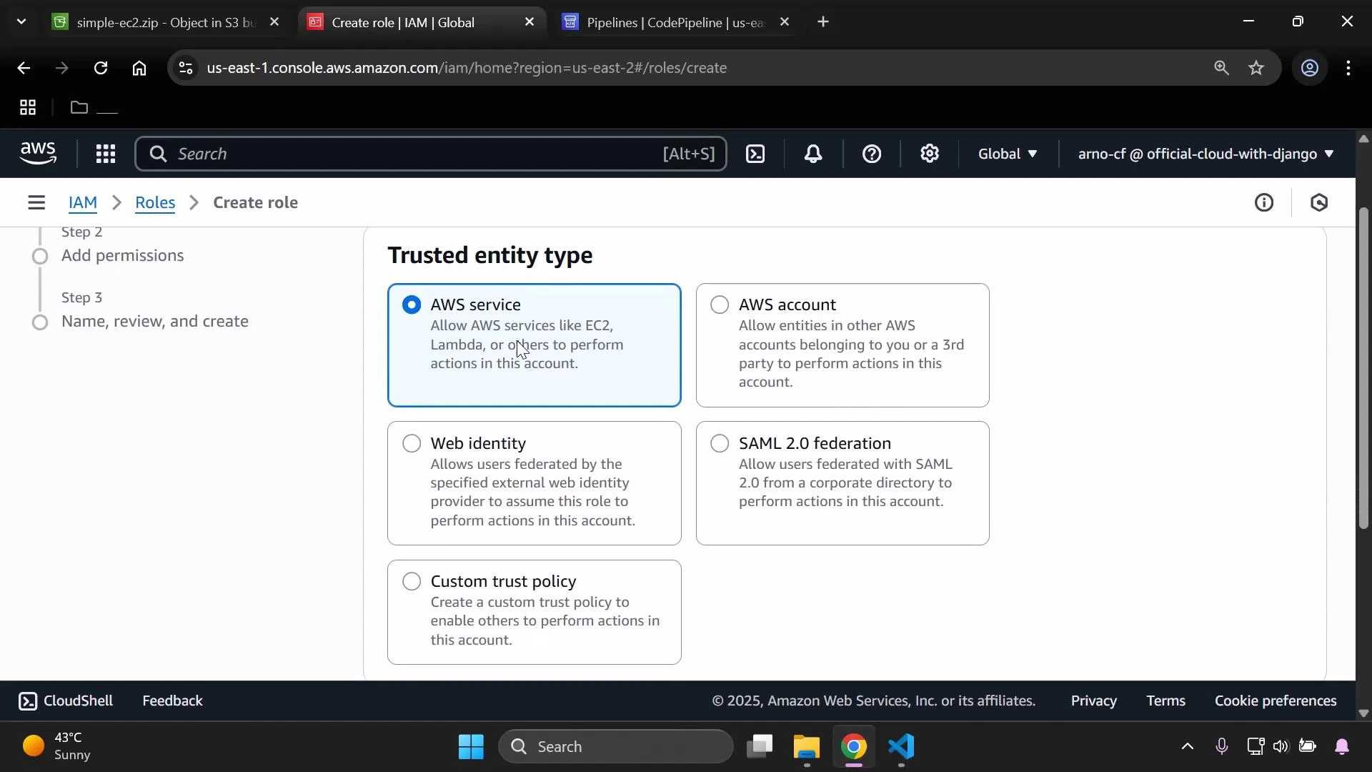 A screenshot of the AWS IAM "Create role" page showing the Trusted entity type options with "AWS service" selected. The browser tabs and Windows taskbar are also visible.