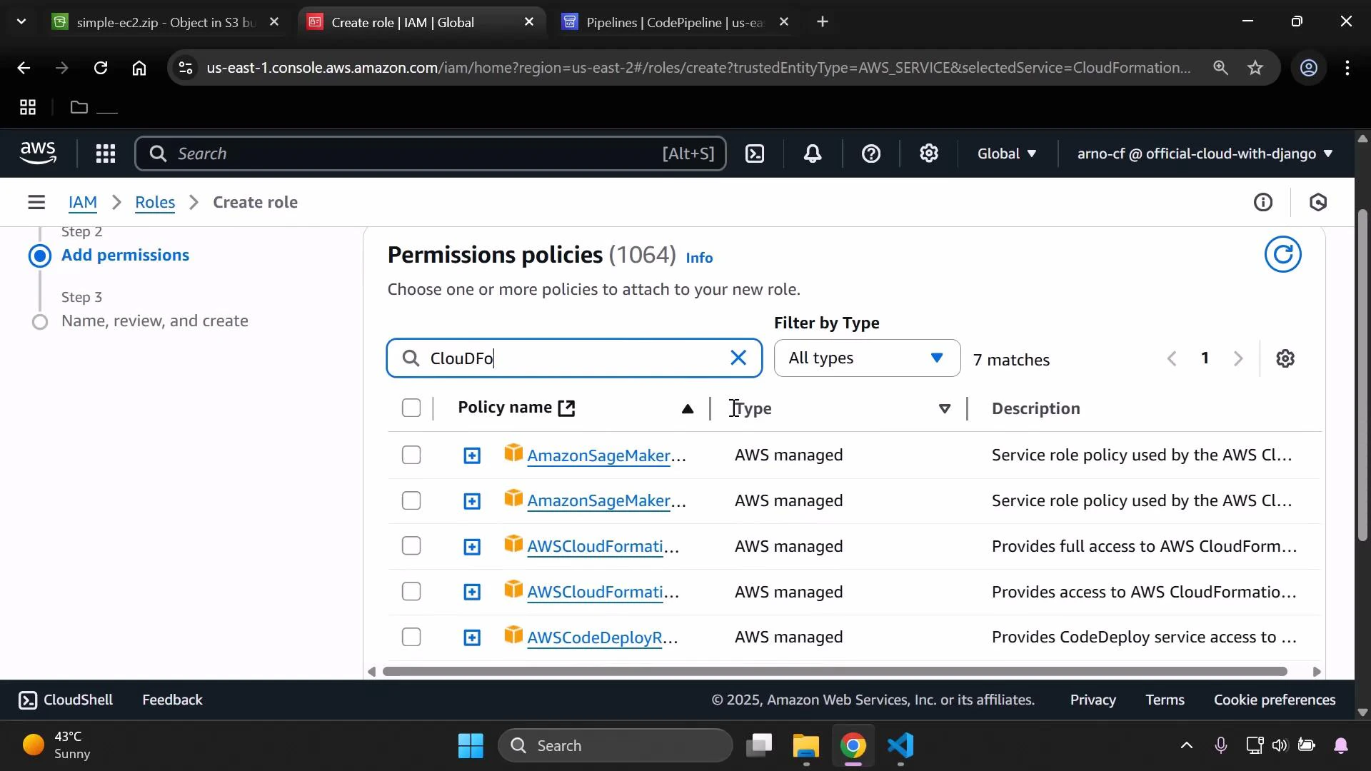 A screenshot of the AWS IAM console on the "Create role" -> "Add permissions" step, showing the "Permissions policies" list with a search for "CloudFo" and several AWS-managed policies (like AWSCloudFormation) listed. The browser window and taskbar are visible at the top and bottom of the screen.