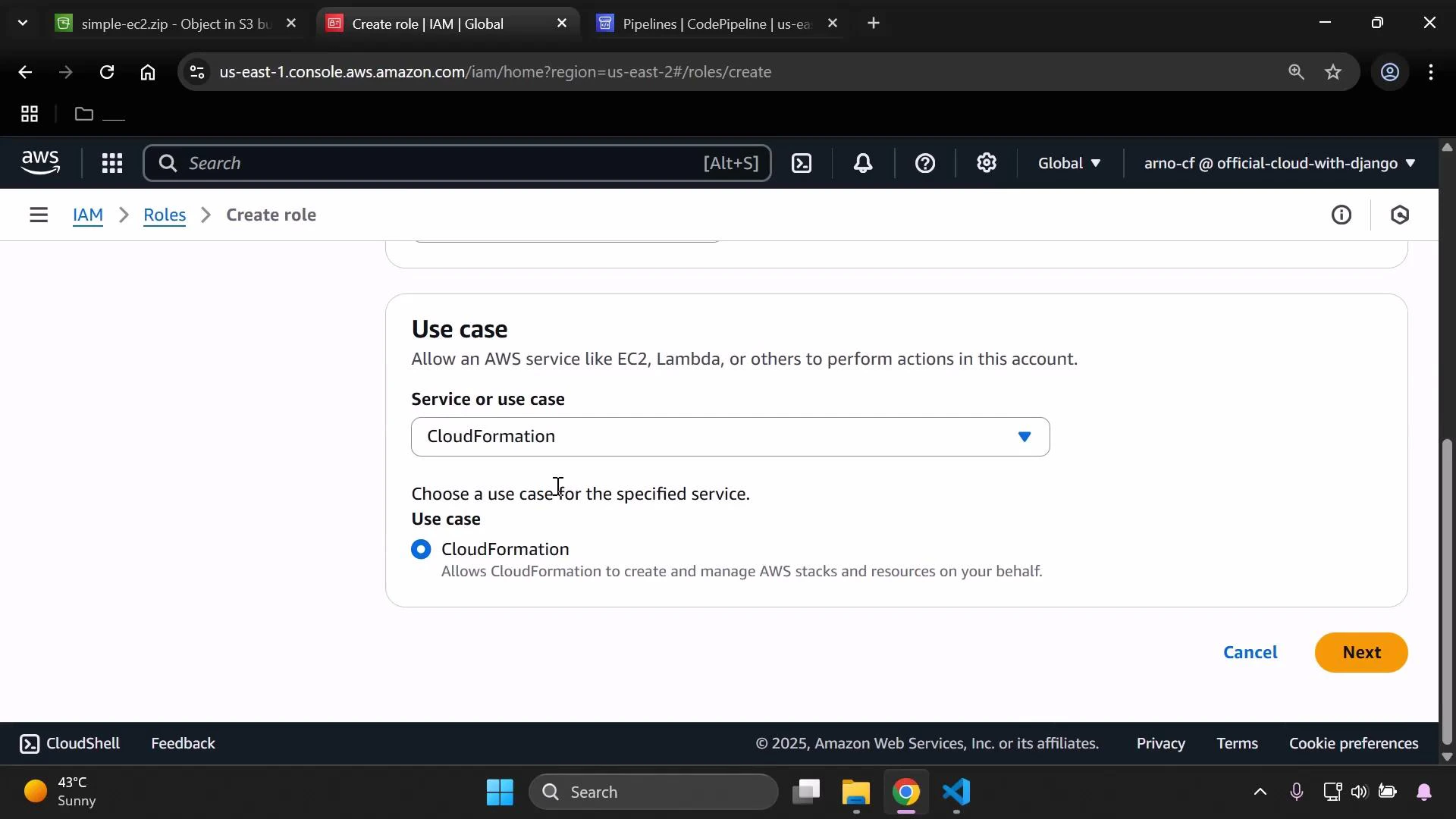 A screenshot of the AWS IAM "Create role" console showing the "Use case" section with CloudFormation selected as the service/use case. The page shows the CloudFormation radio option, a dropdown for Service or use case, and Cancel/Next buttons.