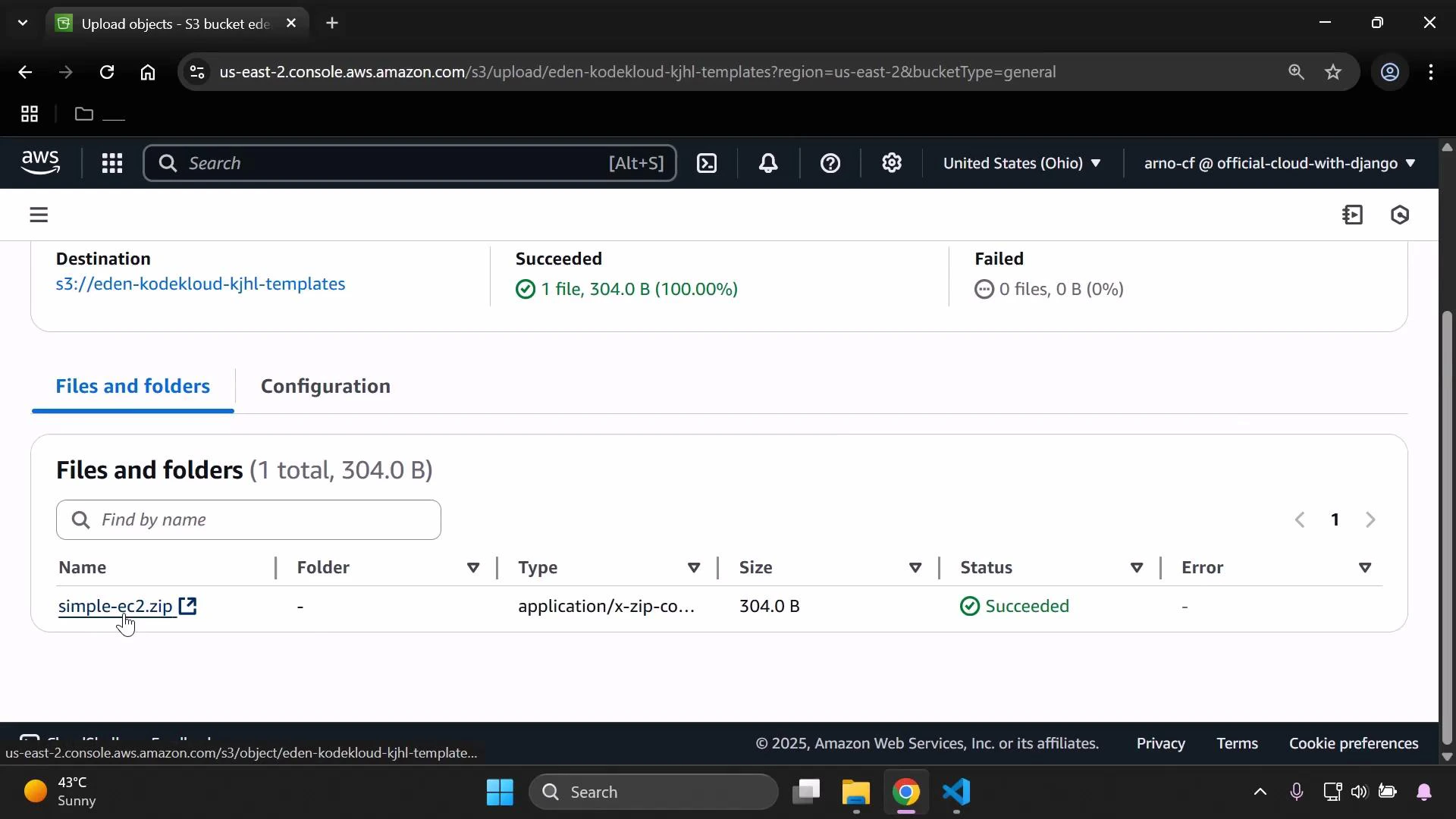 A screenshot of the AWS S3 console showing a successful upload to the bucket s3://eden-kodekloud-kjhl-templates. The file "simple-ec2.zip" (304.0 B) is listed in the Files and folders pane with status "Succeeded."