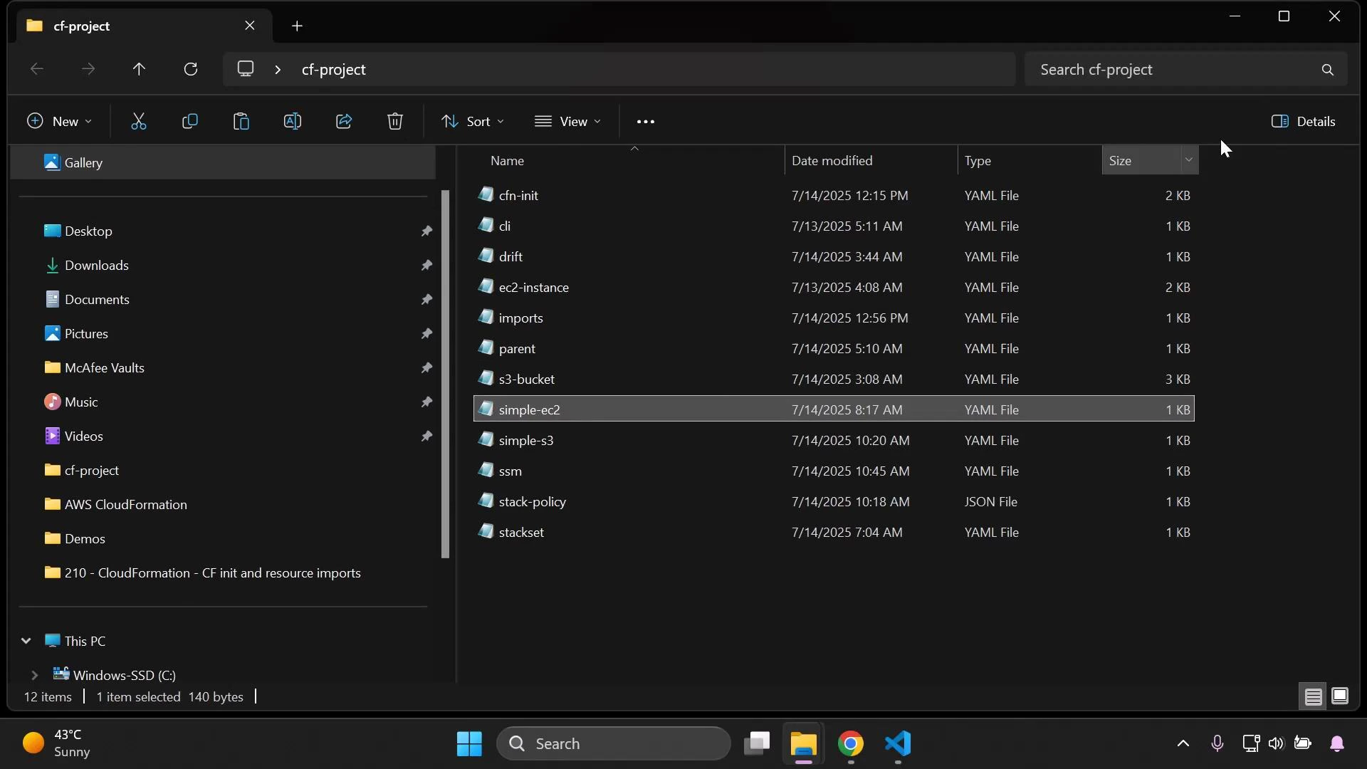 A Windows File Explorer window in dark mode showing the "cf-project" folder. The right pane lists CloudFormation-related YAML/JSON files (e.g., simple-ec2, s3-bucket, cfn-init) while the left pane shows common folders and navigation.