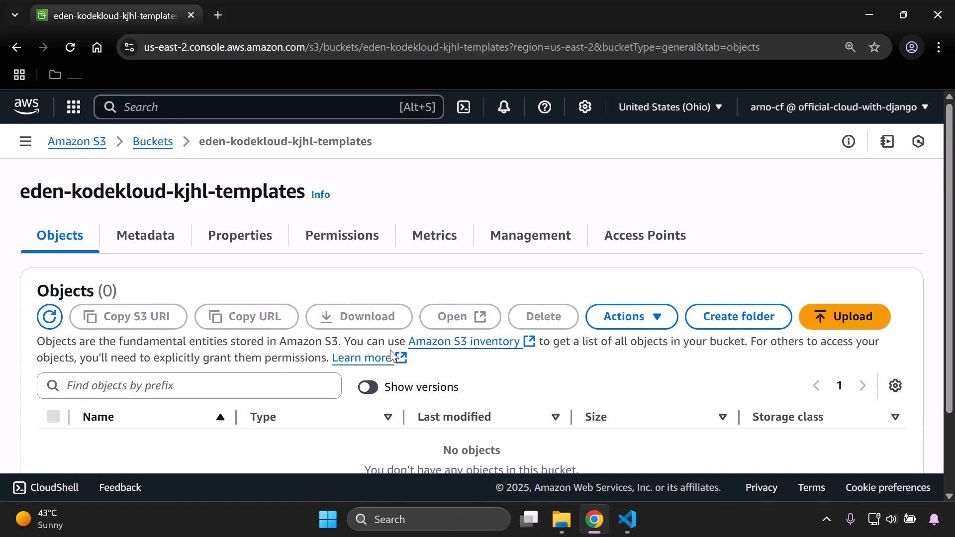 A screenshot of the Amazon S3 console for the bucket "eden-kodekloud-kjhl-templates," showing the Objects tab with a message saying there are no objects. The UI displays controls like Upload, Create folder, Actions, Copy S3 URI, and a search/filter field.
