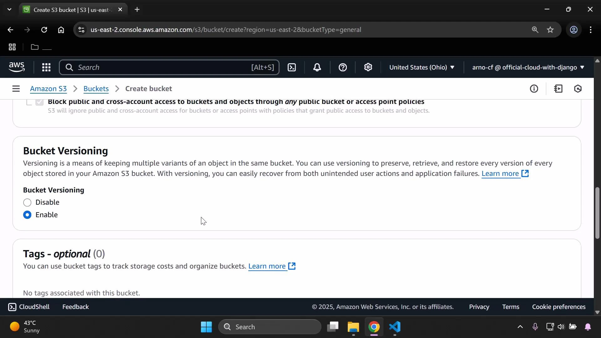 A screenshot of the Amazon S3 "Create bucket" console showing the Bucket Versioning section with the "Enable" option selected. The Tags (optional) section is visible below along with the console header and navigation.