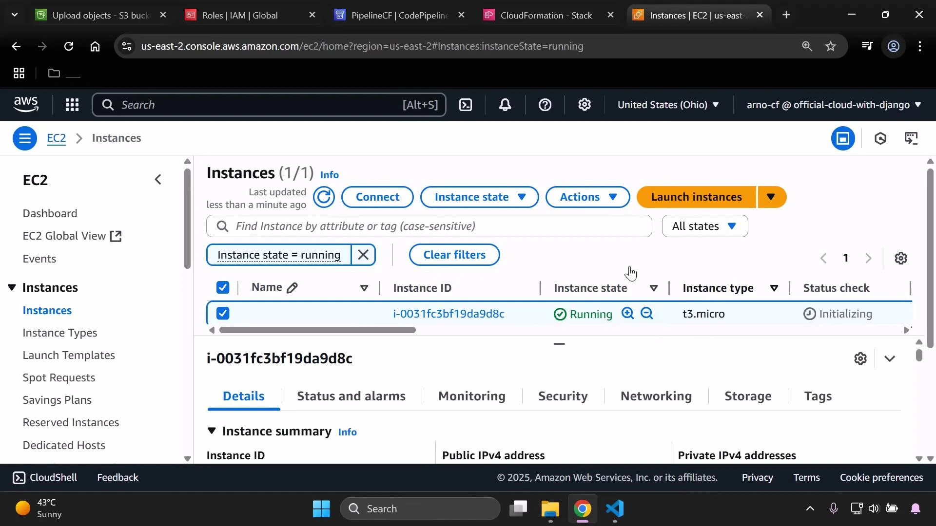 Screenshot of the AWS EC2 Instances console showing one running t3.micro instance (ID i-0031fc3bf19da9d8c) with its status listed as "Running" and status check "Initializing." The console region is United States (Ohio, us-east-2).