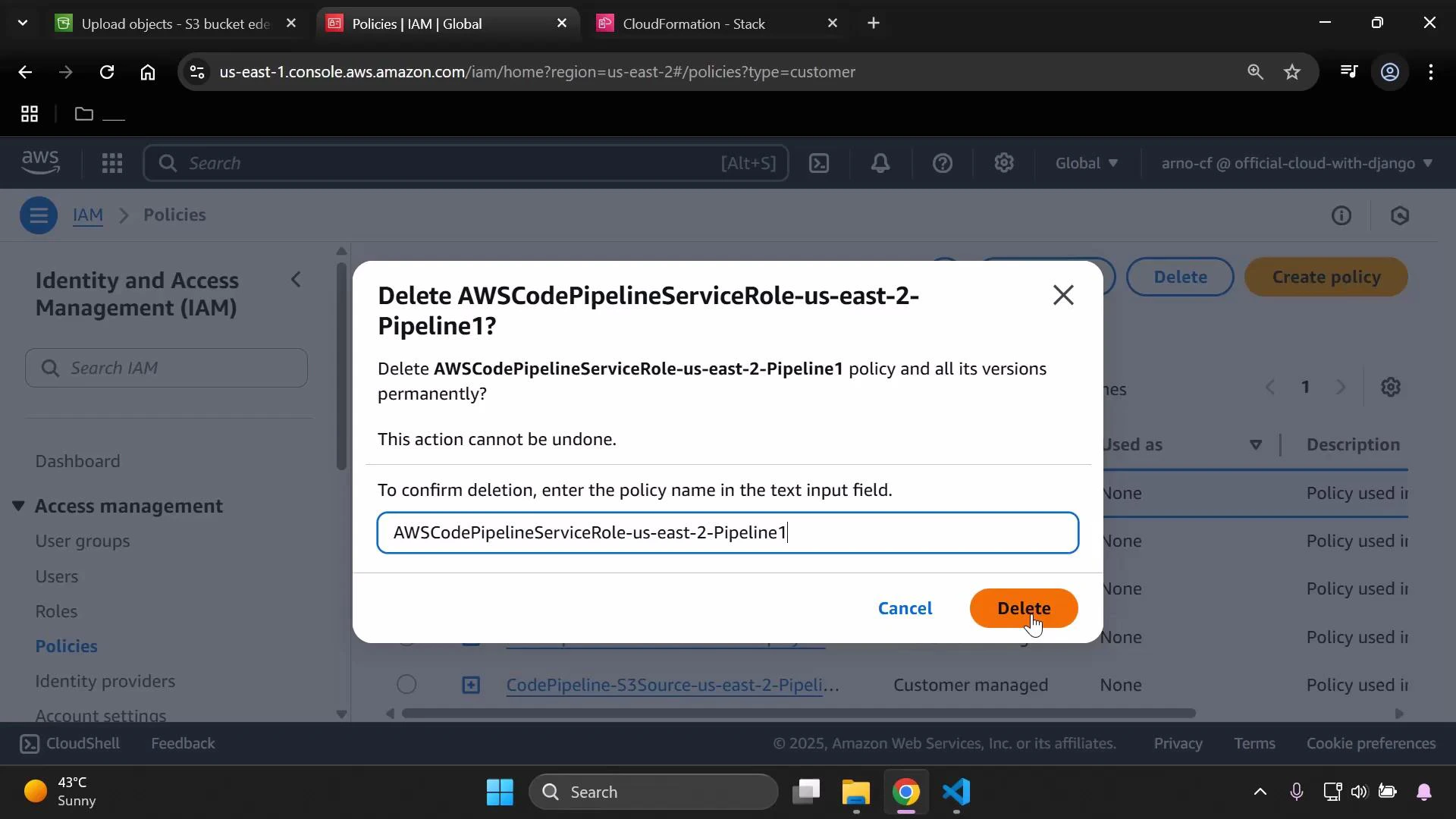 A screenshot of the AWS IAM console showing a confirmation dialog to permanently delete the policy "AWSCodePipelineServiceRole-us-east-2-Pipeline1." The policy name is entered in the confirmation text field and the orange "Delete" button is highlighted.