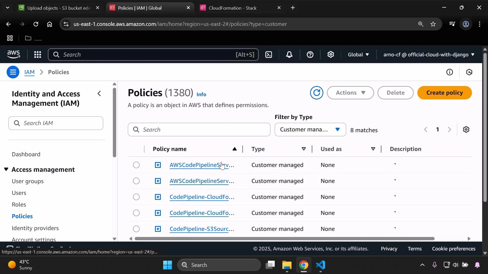 A screenshot of the AWS Identity and Access Management (IAM) console showing the Policies page (Policies (1380)) with a filtered list of customer-managed policies, including several CodePipeline-related policy names. The left sidebar shows IAM navigation items like Dashboard, User groups, Users, Roles, and Policies.