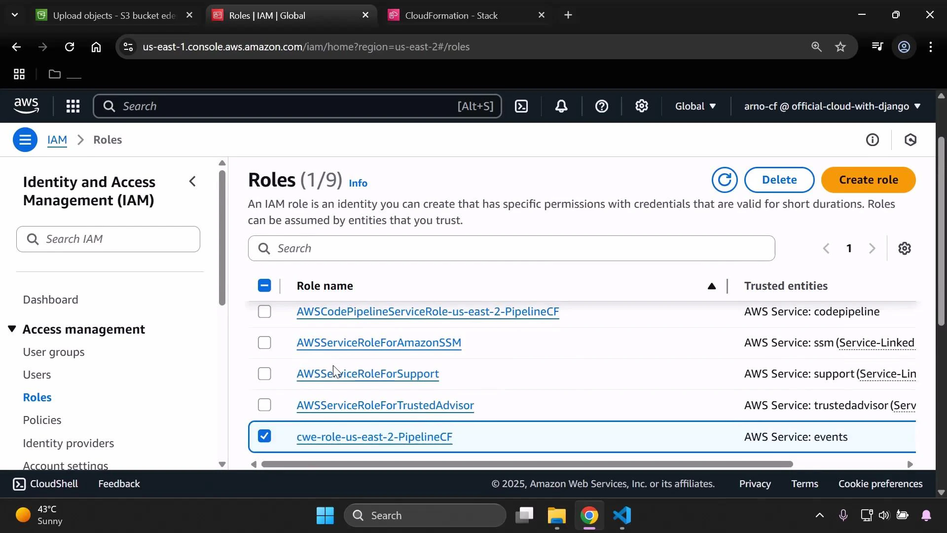 A screenshot of the AWS Identity and Access Management (IAM) console showing the Roles page with a list of IAM roles and their trusted entities. The UI shows options like Create role/Delete and the role "cwe-role-us-east-2-PipelineCF" is selected.