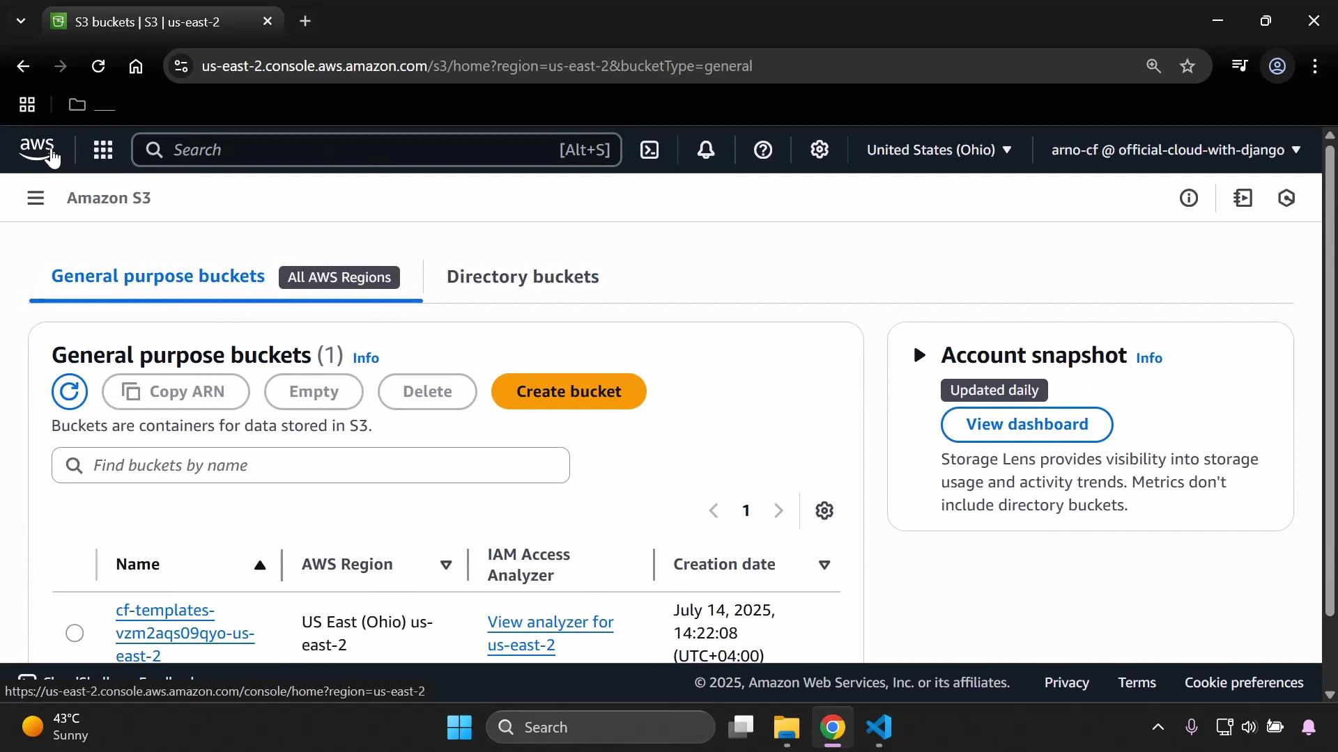 A screenshot of the Amazon S3 web console showing the "General purpose buckets" tab. The page shows one bucket listed (cf-templates...), action buttons like Create bucket/Copy ARN, and an "Account snapshot" panel with a View dashboard button.