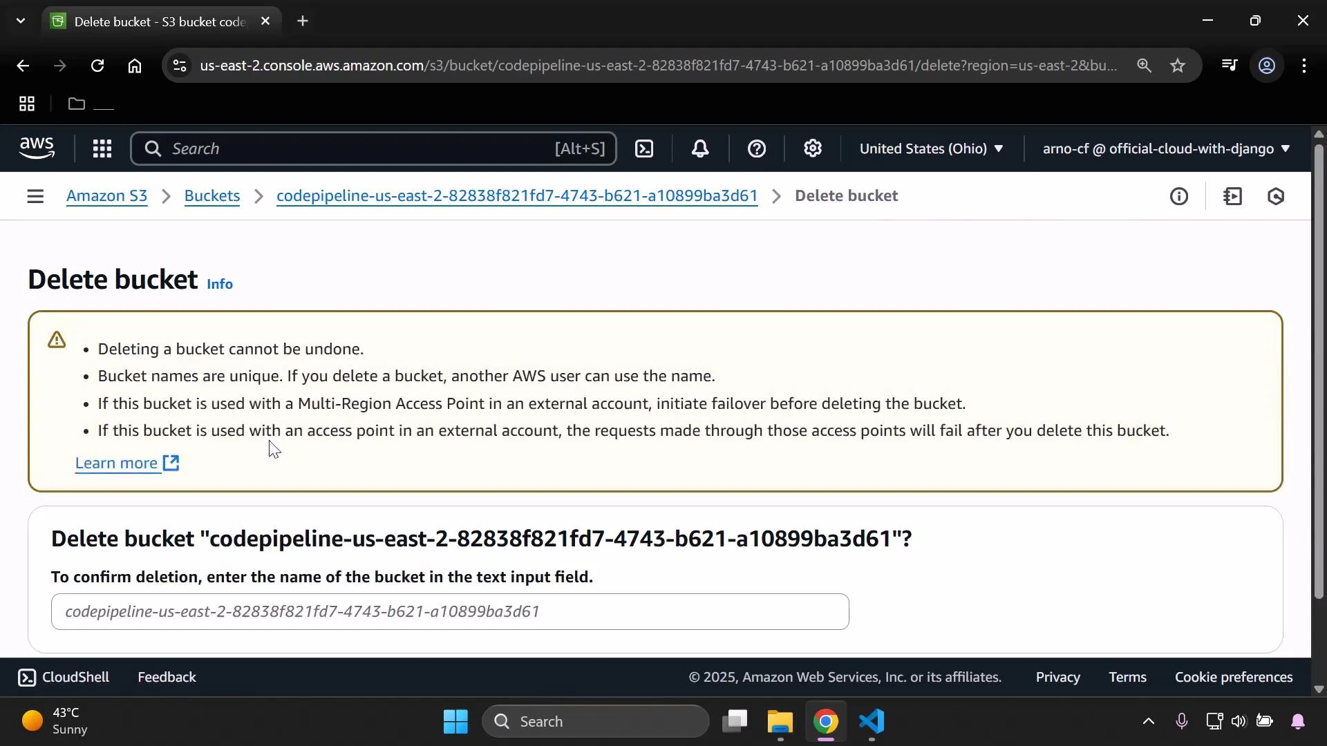 A screenshot of the AWS S3 "Delete bucket" confirmation page with a warning that deletion is irreversible and instructions to enter the bucket name to confirm. The bucket name shown is "codepipeline-us-east-2-82838f821fd7-4743-b621-a10899ba3d61."
