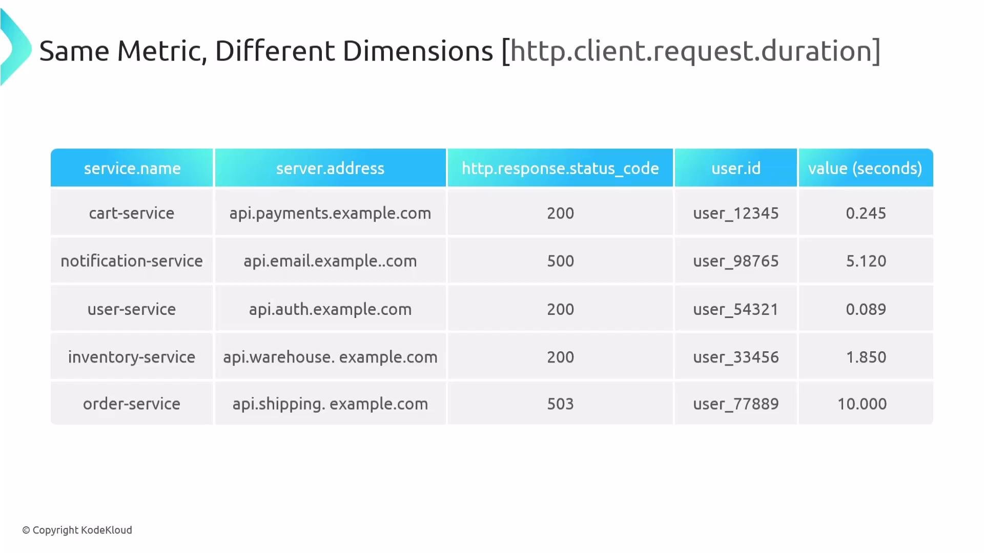 The image is a table titled "Same Metric, Different Dimensions," showing data about various services, their server addresses, HTTP response status codes, user IDs, and request durations.